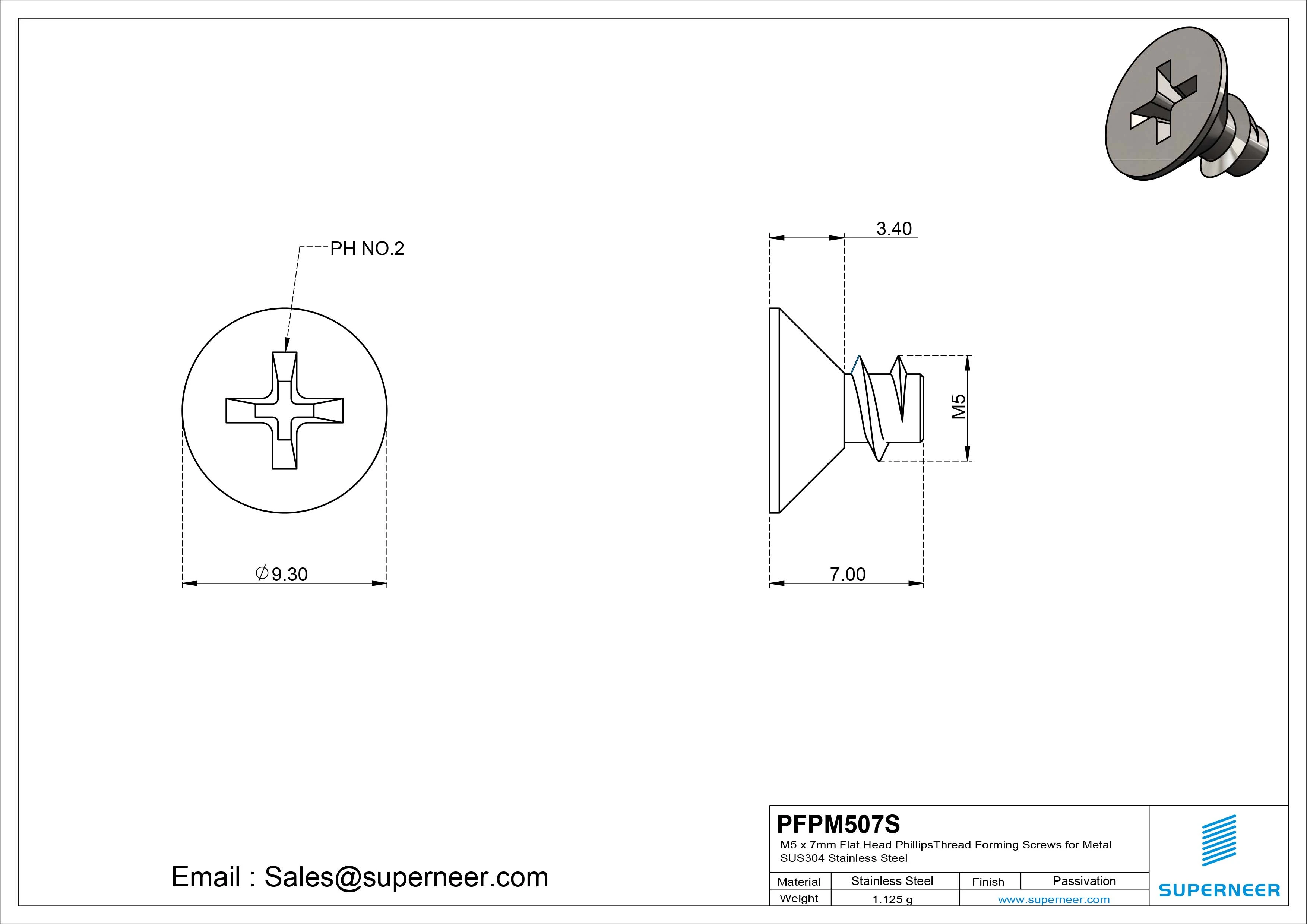 M5 &times; 7mm  Flat Head Phillips Thread Foming Screws for Plastic SUS304 Stainless Steel Inox