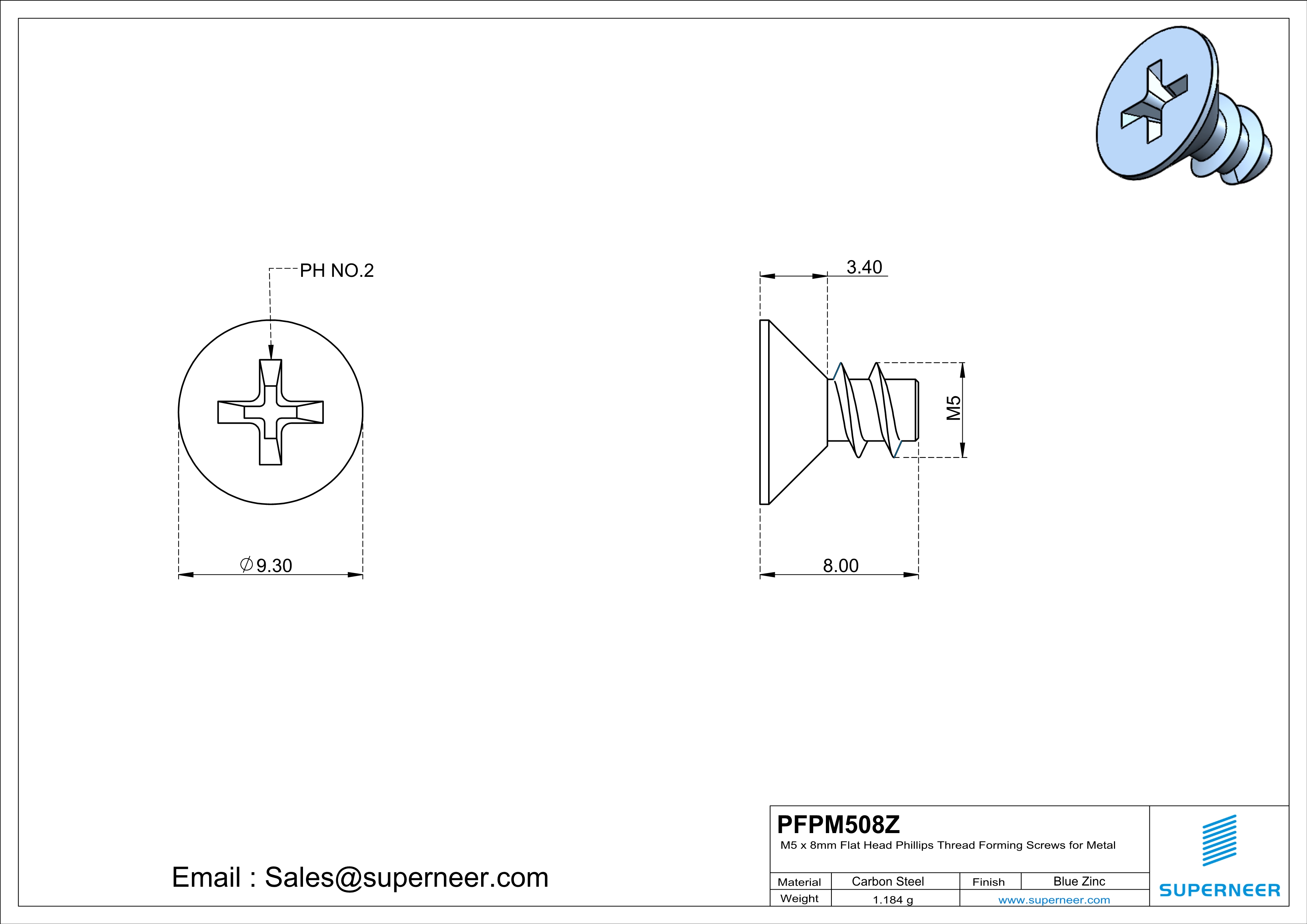 M5 &times; 8mm  Flat Head Phillips Thread Foming Screws for Plastic   Steel Blue Zinc Plated