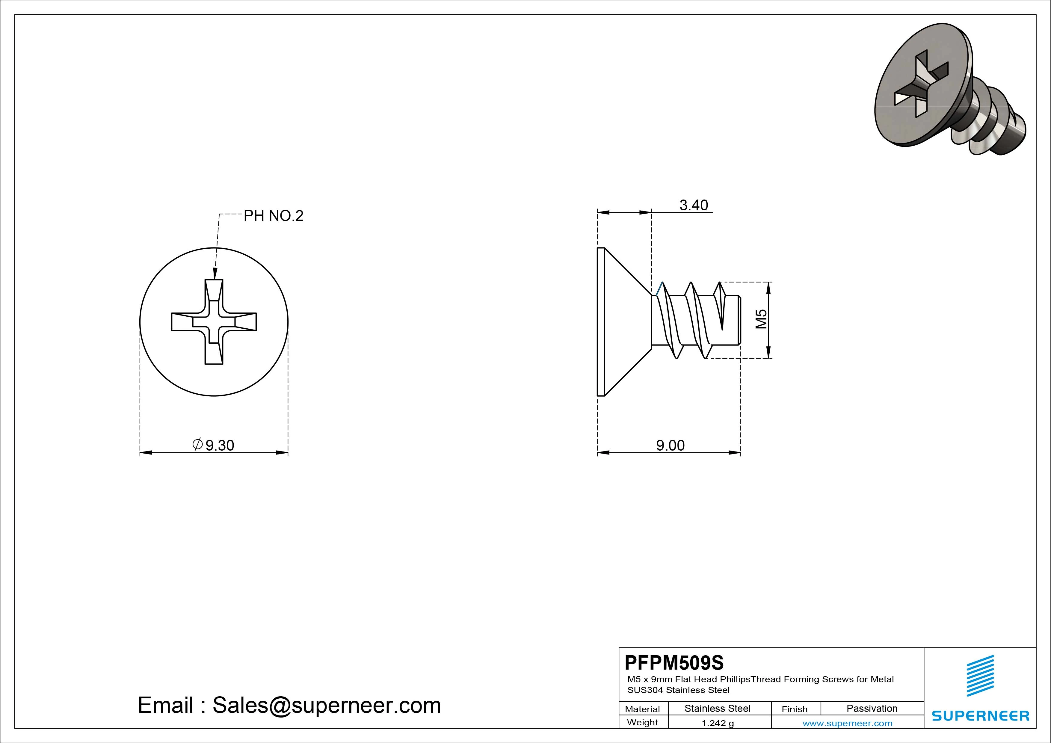 M5 &times; 9mm  Flat Head Phillips Thread Foming Screws for Plastic SUS304 Stainless Steel Inox