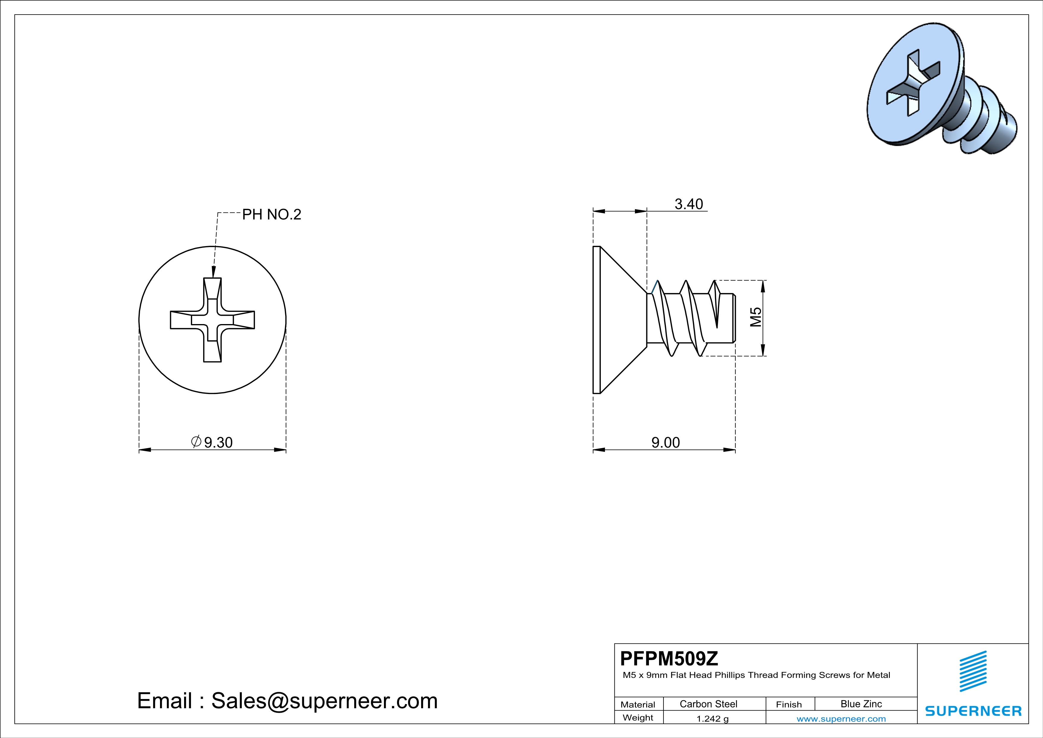 M5 &times; 9mm  Flat Head Phillips Thread Foming Screws for Plastic   Steel Blue Zinc Plated