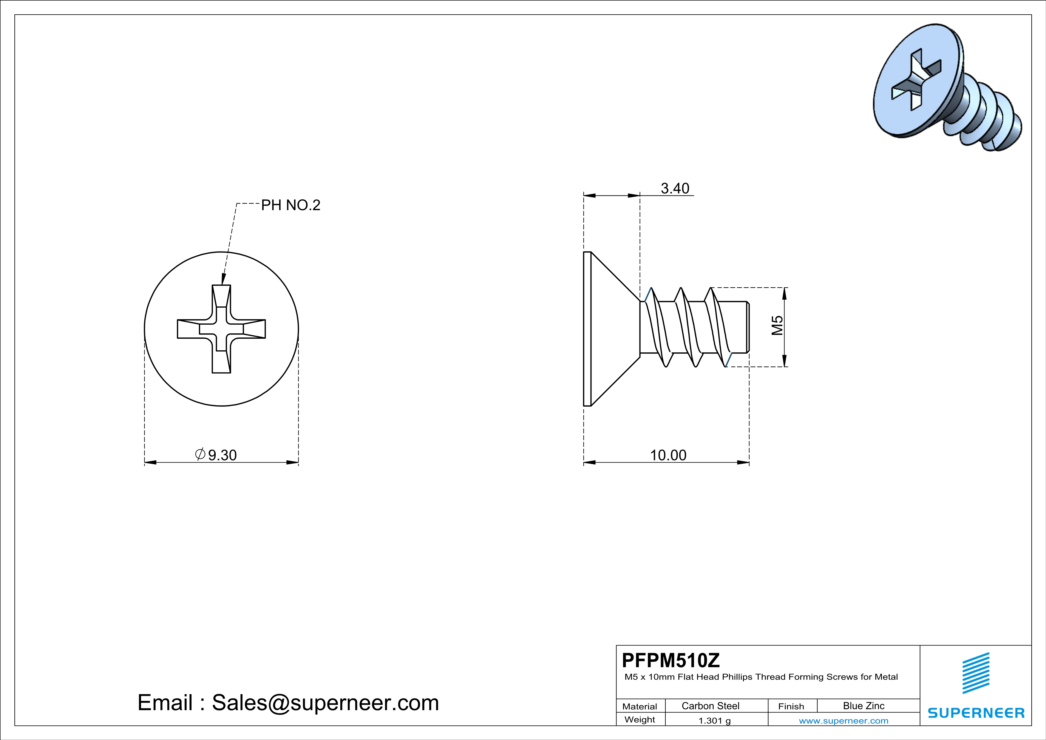 M5 &times; 10mm  Flat Head Phillips Thread Foming Screws for Plastic   Steel Blue Zinc Plated