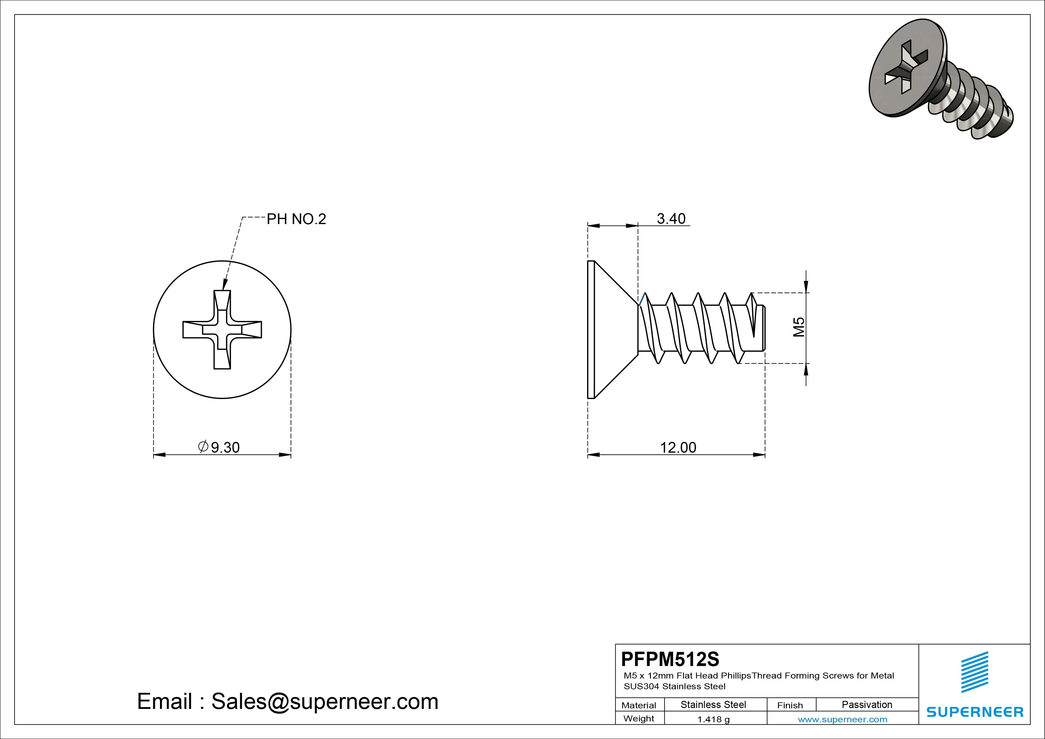 M5 &times; 12mm  Flat Head Phillips Thread Foming Screws for Plastic SUS304 Stainless Steel Inox