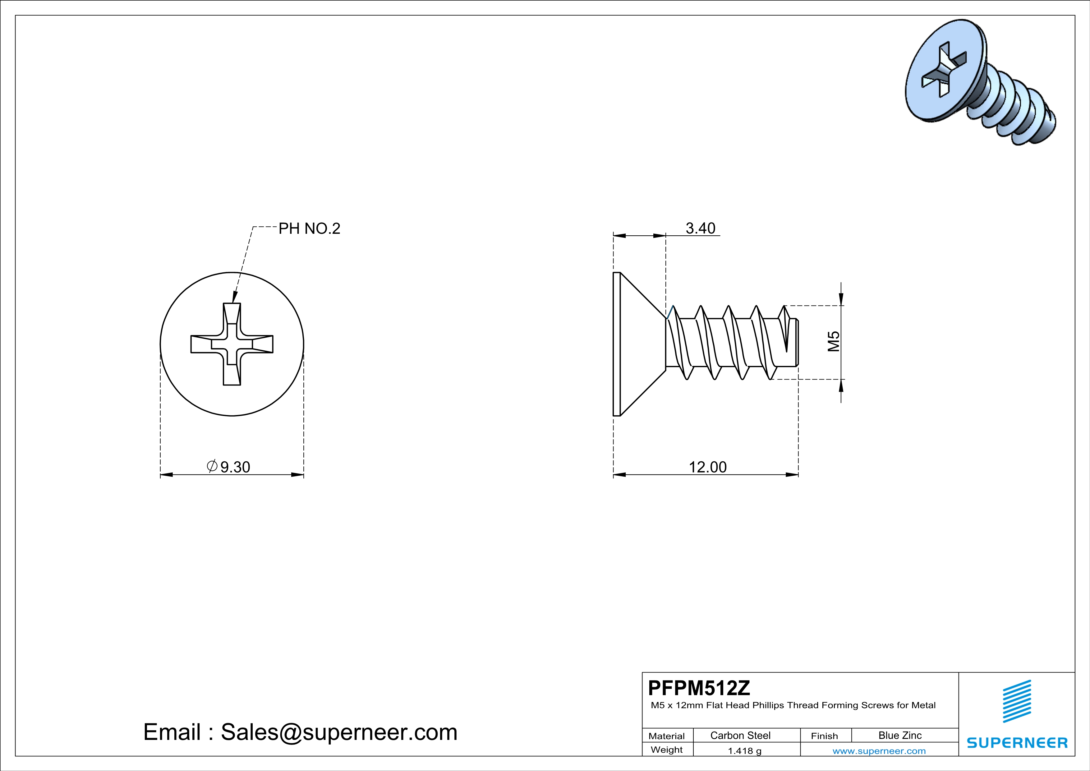 M5 &times; 12mm  Flat Head Phillips Thread Foming Screws for Plastic   Steel Blue Zinc Plated
