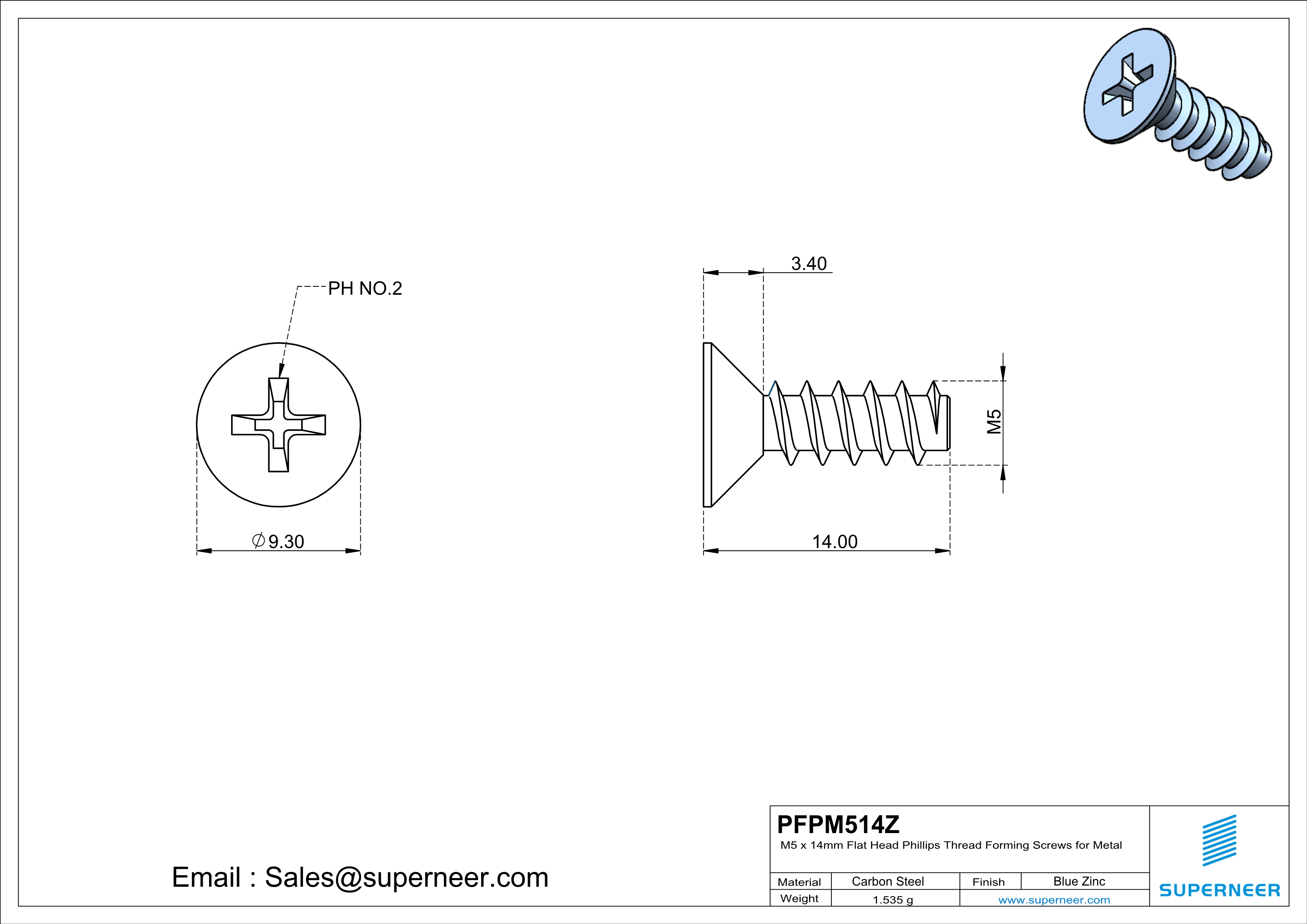 M5 &times; 14mm  Flat Head Phillips Thread Foming Screws for Plastic   Steel Blue Zinc Plated
