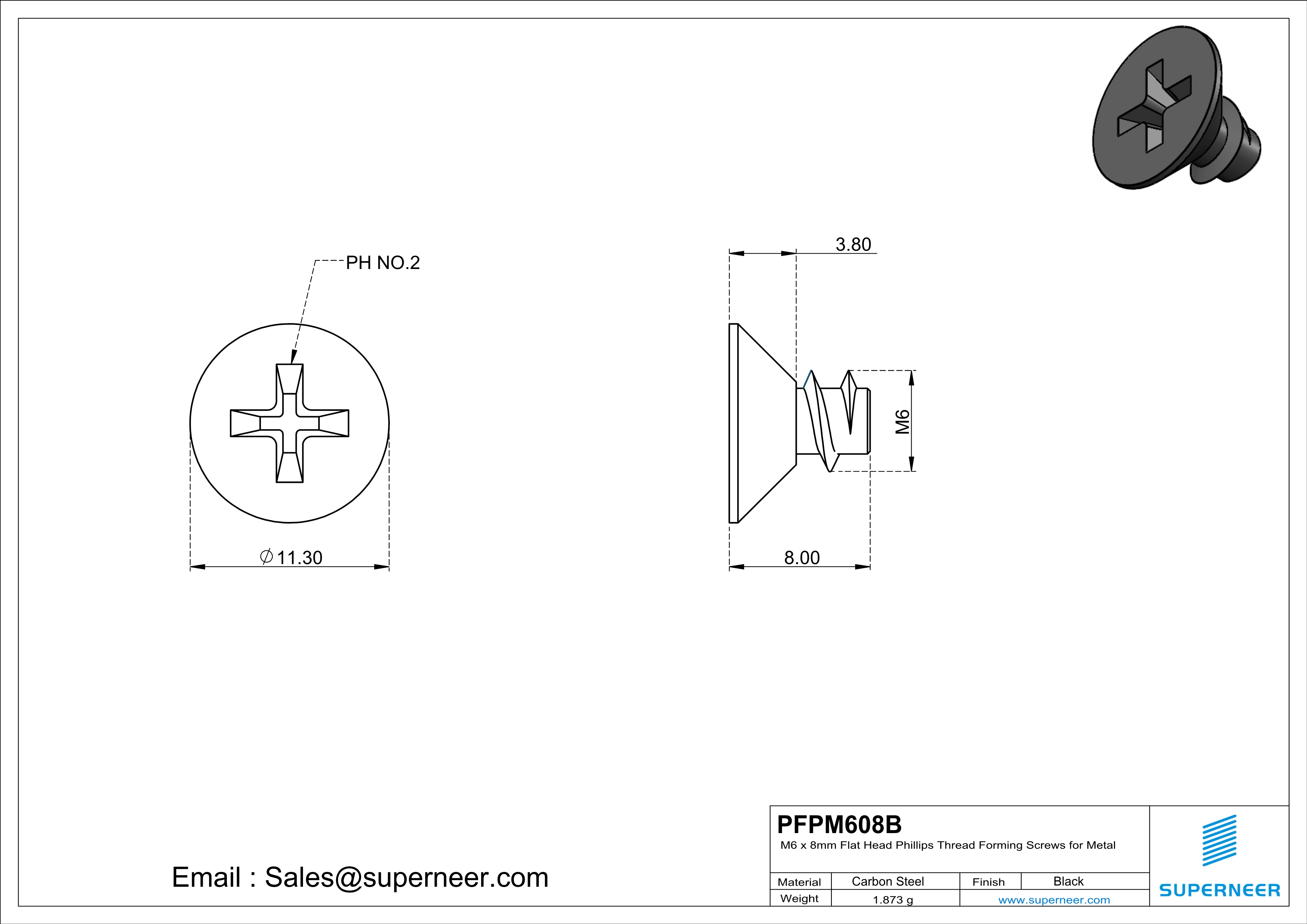 M6 &times; 8mm  Flat Head Phillips Thread Foming Screws for Plastic   Steel Black