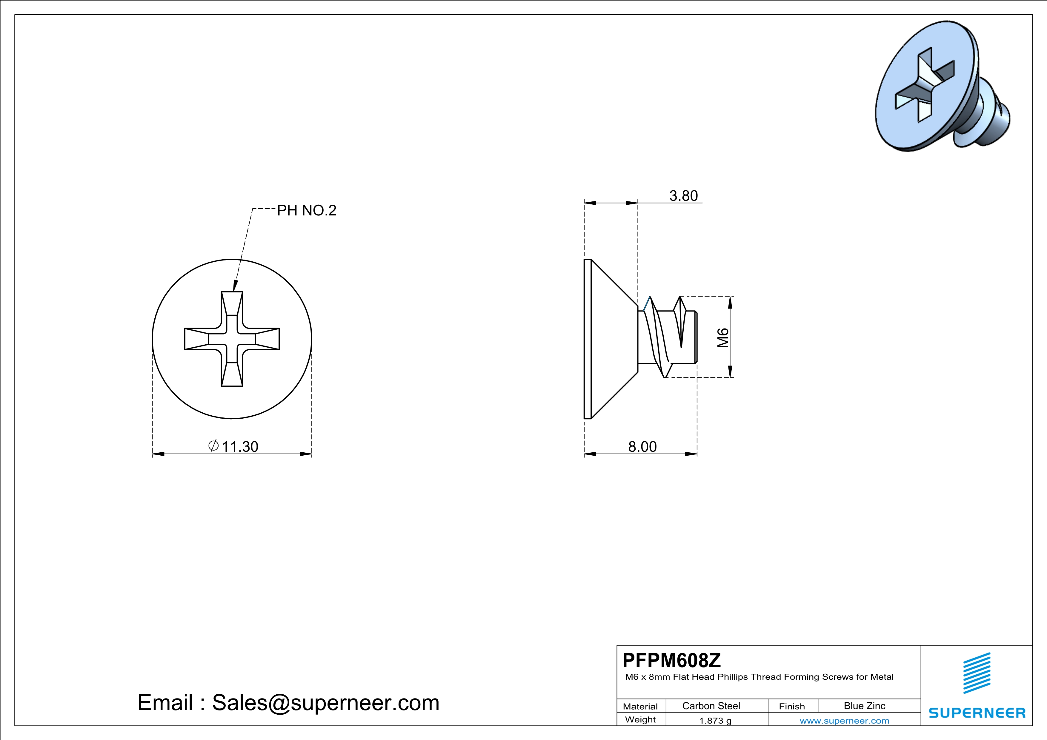 M6 &times; 8mm  Flat Head Phillips Thread Foming Screws for Plastic   Steel Blue Zinc Plated