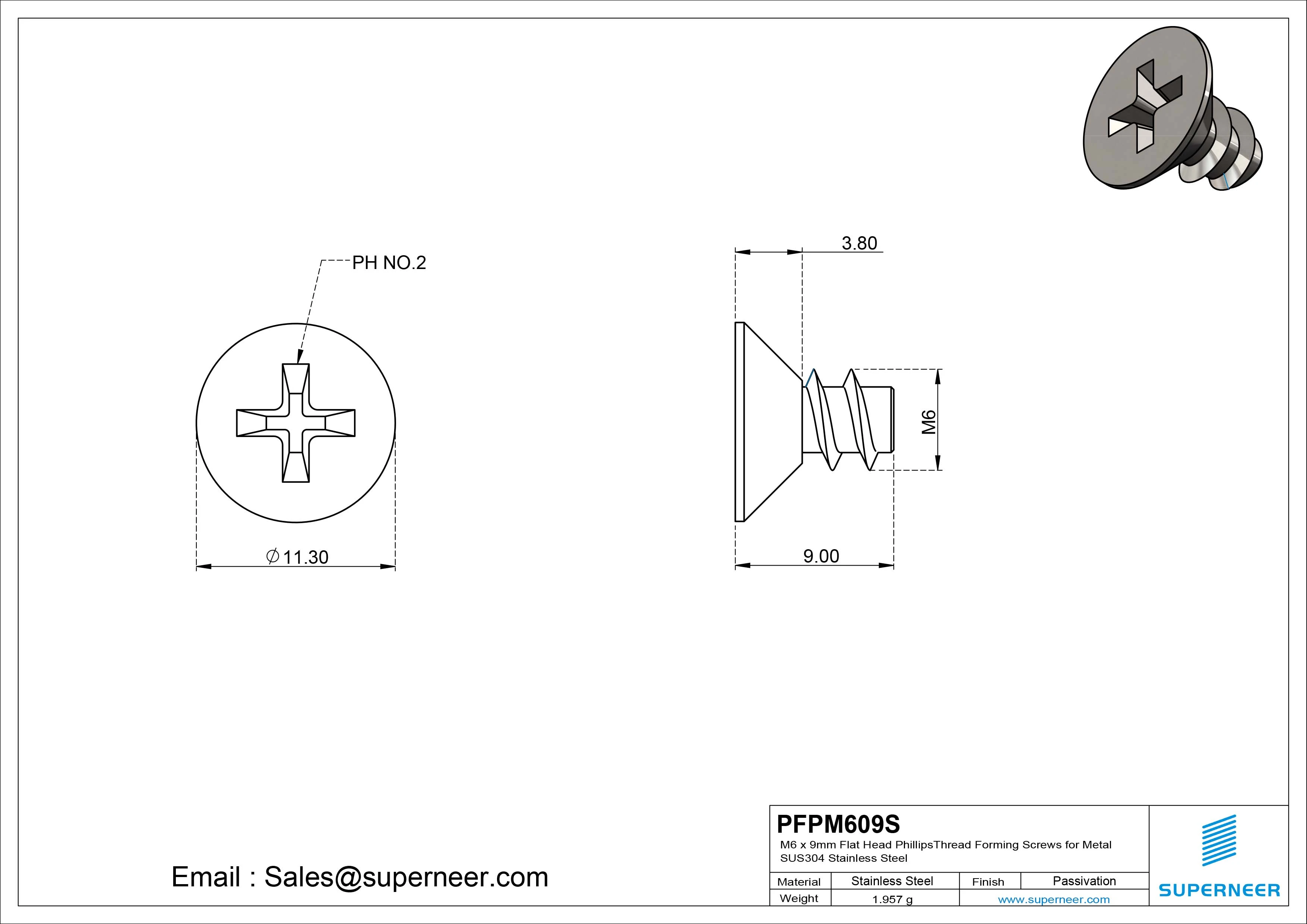 M6 &times; 9mm  Flat Head Phillips Thread Foming Screws for Plastic SUS304 Stainless Steel Inox