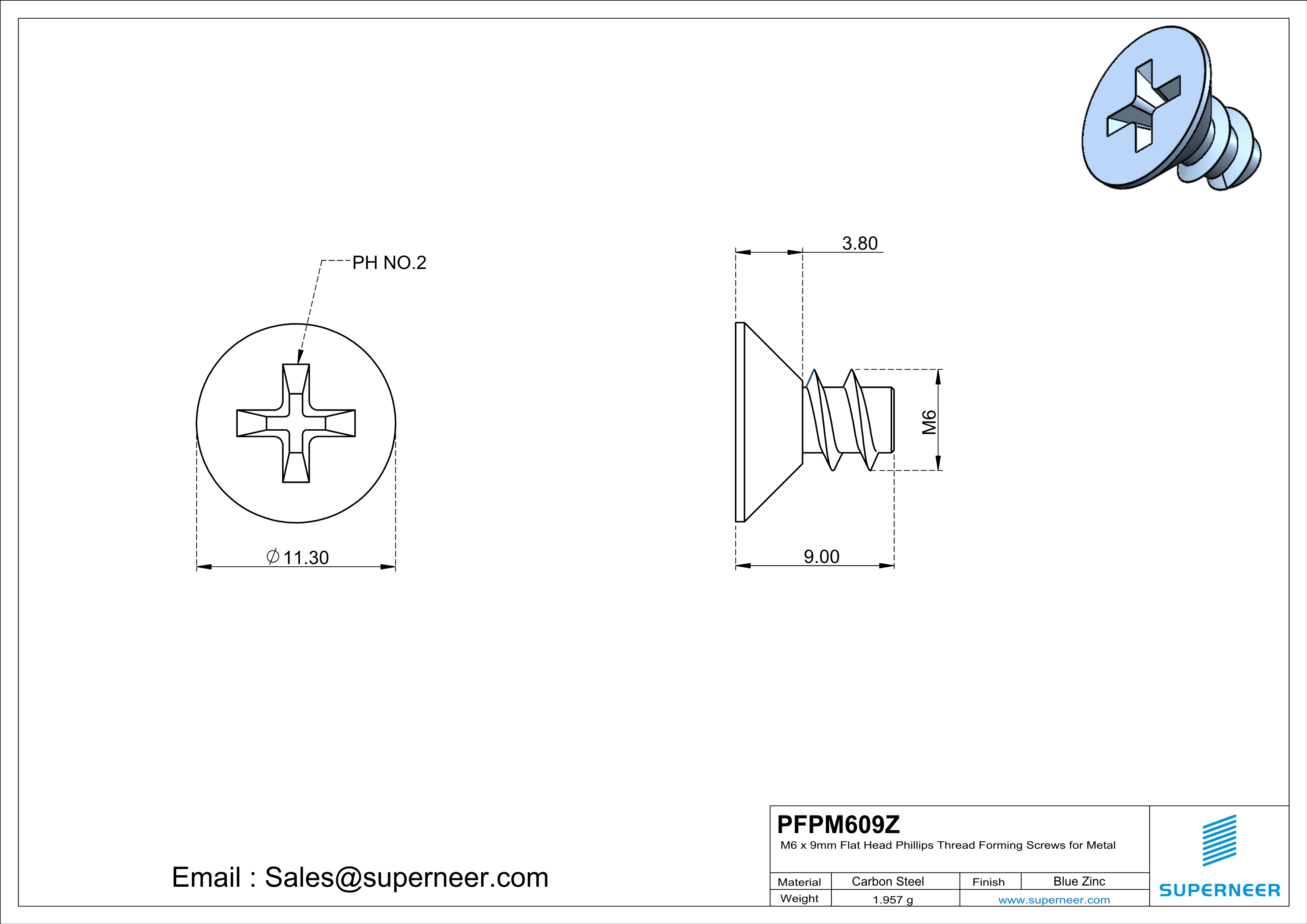 M6 &times; 9mm  Flat Head Phillips Thread Foming Screws for Plastic   Steel Blue Zinc Plated