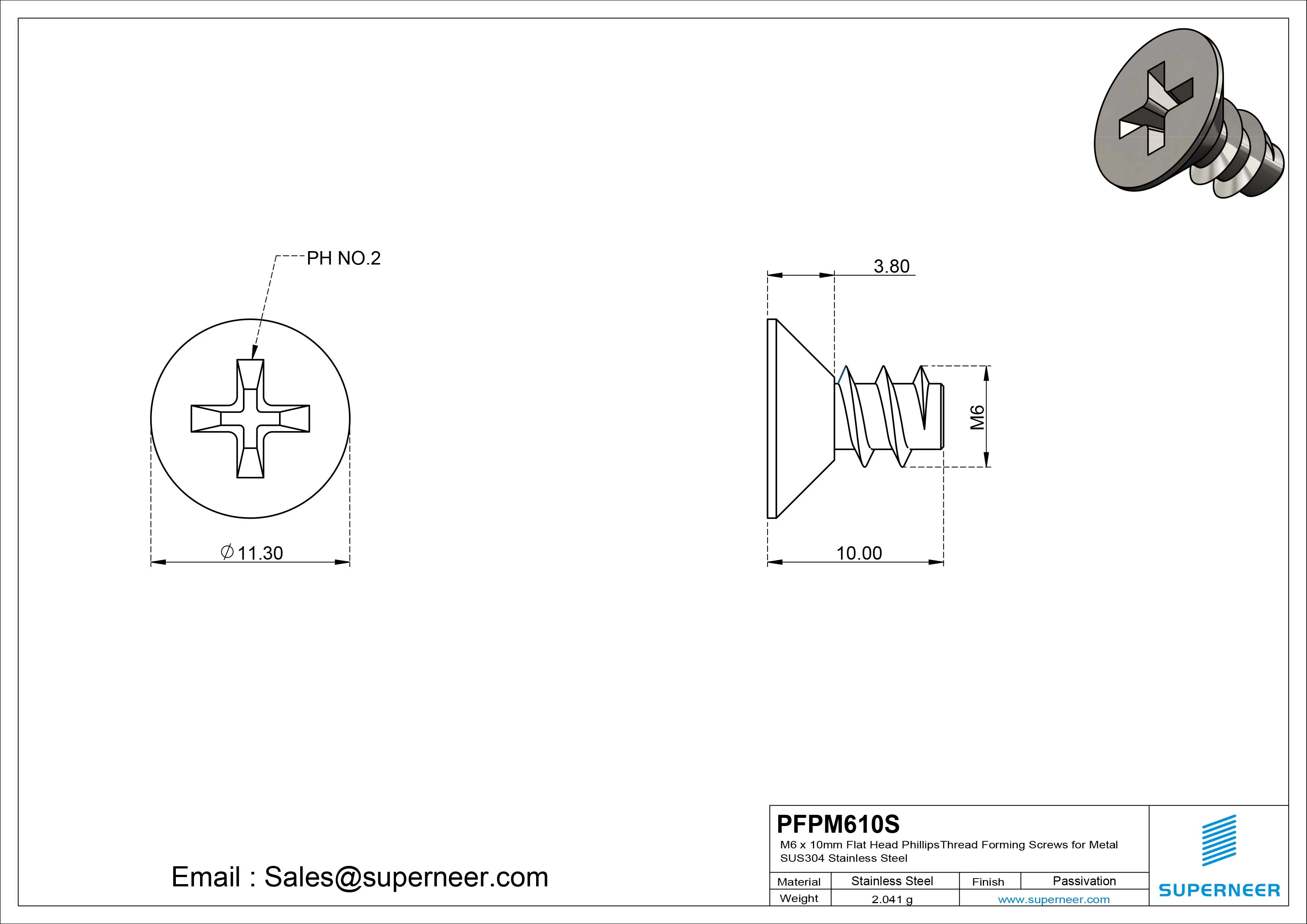 M6 &times; 10mm  Flat Head Phillips Thread Foming Screws for Plastic SUS304 Stainless Steel Inox