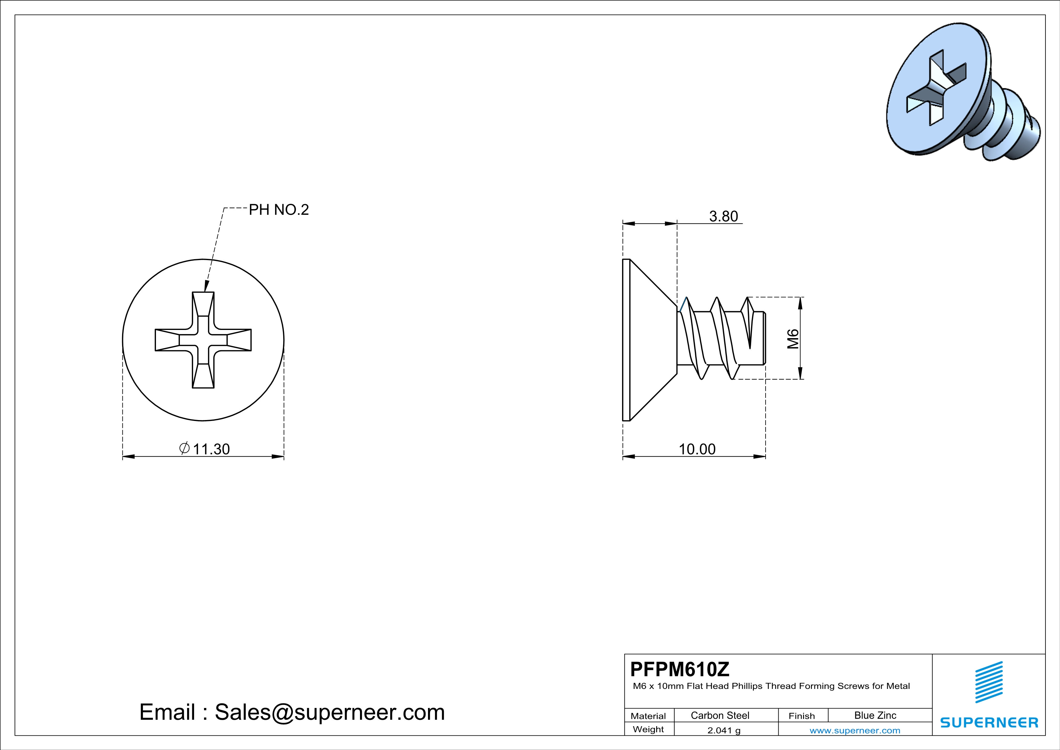 M6 &times; 10mm  Flat Head Phillips Thread Foming Screws for Plastic   Steel Blue Zinc Plated