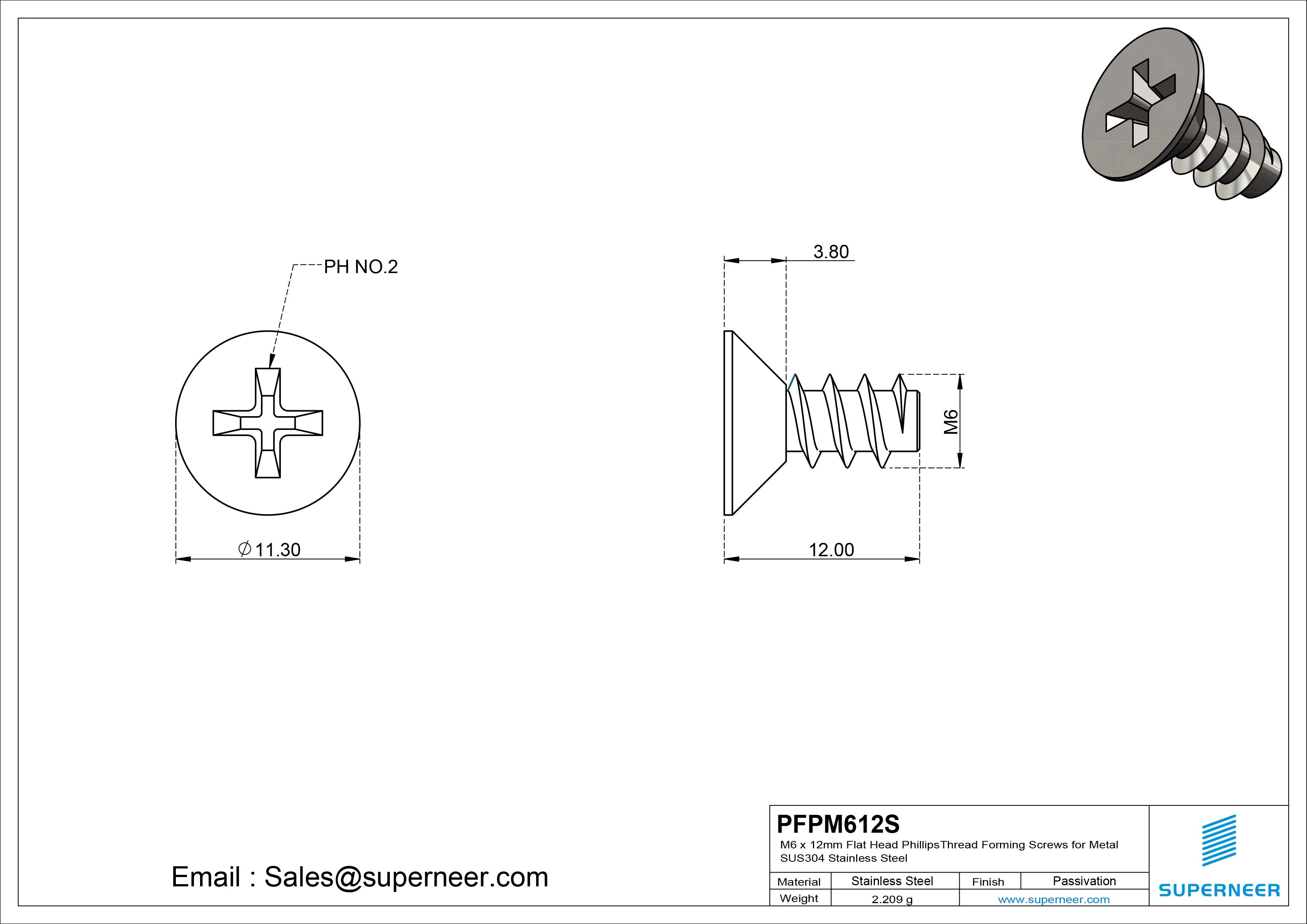 M6 &times; 12mm  Flat Head Phillips Thread Foming Screws for Plastic SUS304 Stainless Steel Inox