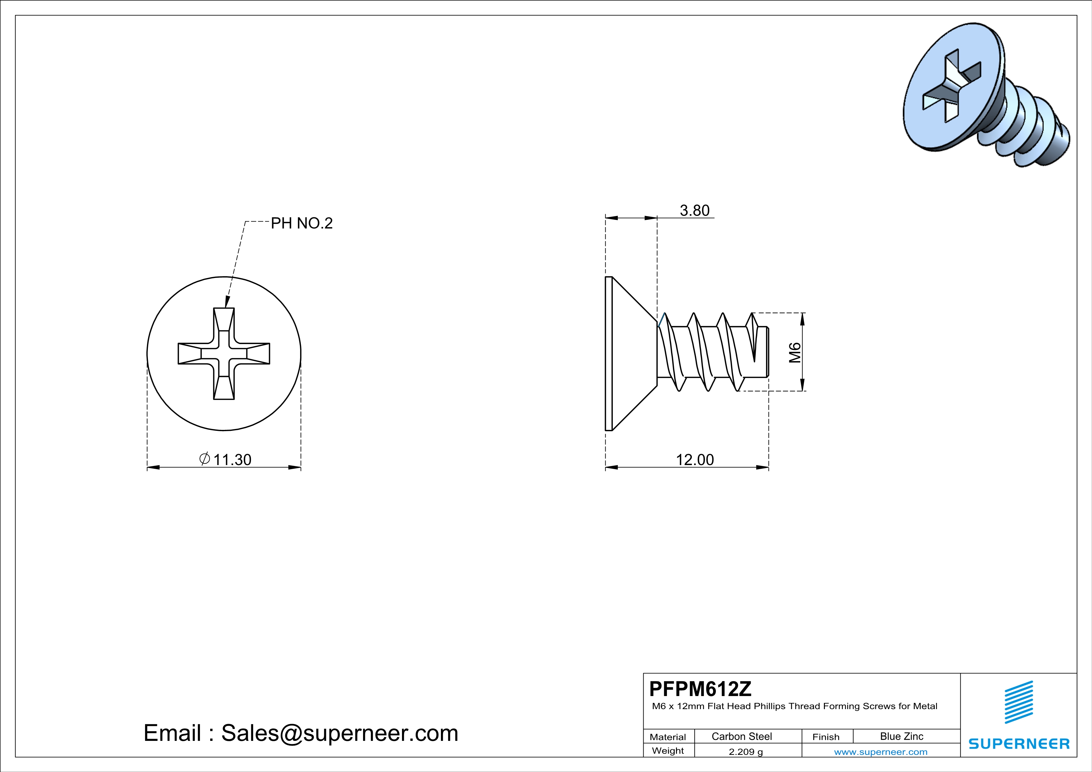 M6 &times; 12mm  Flat Head Phillips Thread Foming Screws for Plastic   Steel Blue Zinc Plated