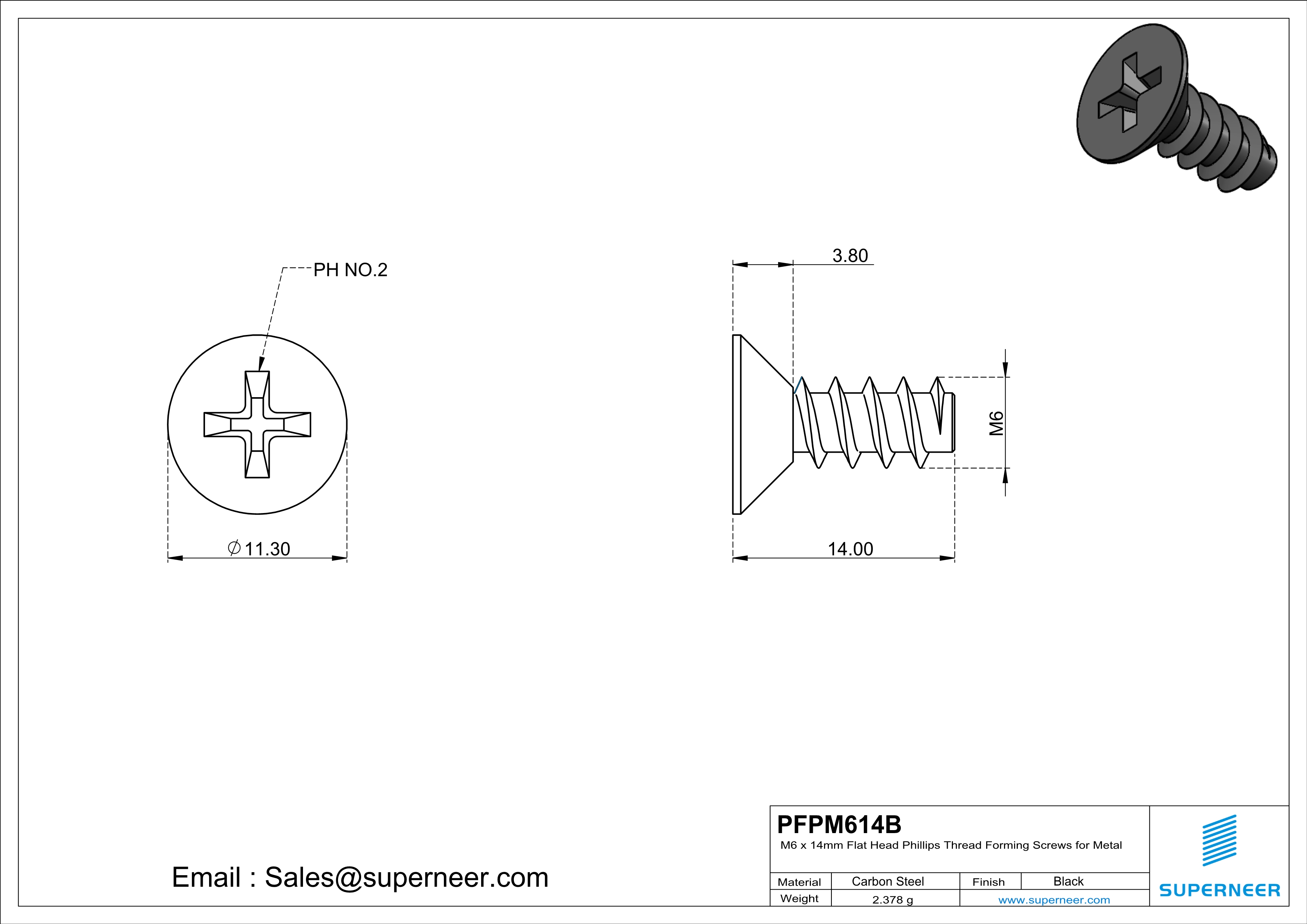M6 &times; 14mm  Flat Head Phillips Thread Foming Screws for Plastic   Steel Black