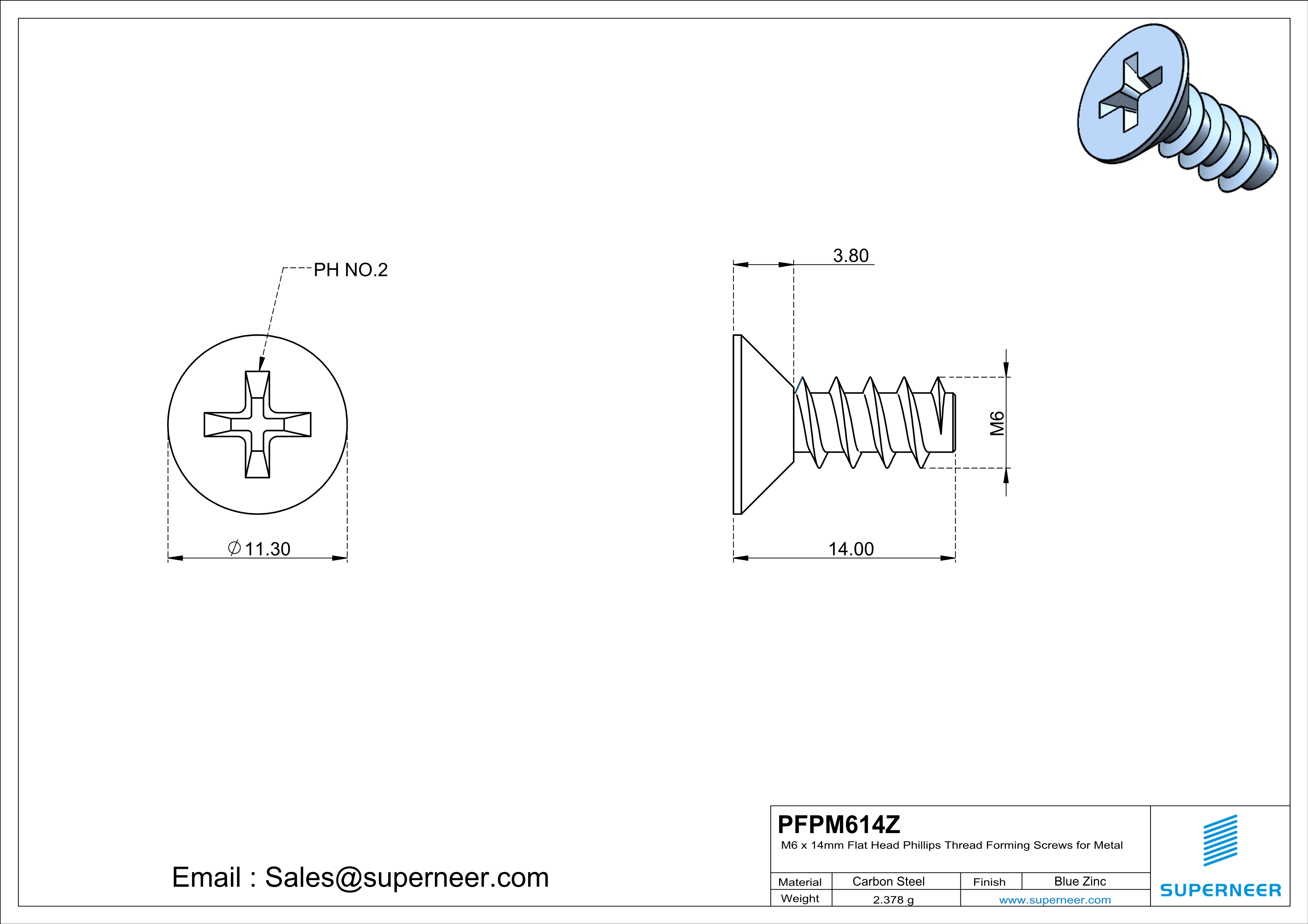 M6 &times; 14mm  Flat Head Phillips Thread Foming Screws for Plastic   Steel Blue Zinc Plated