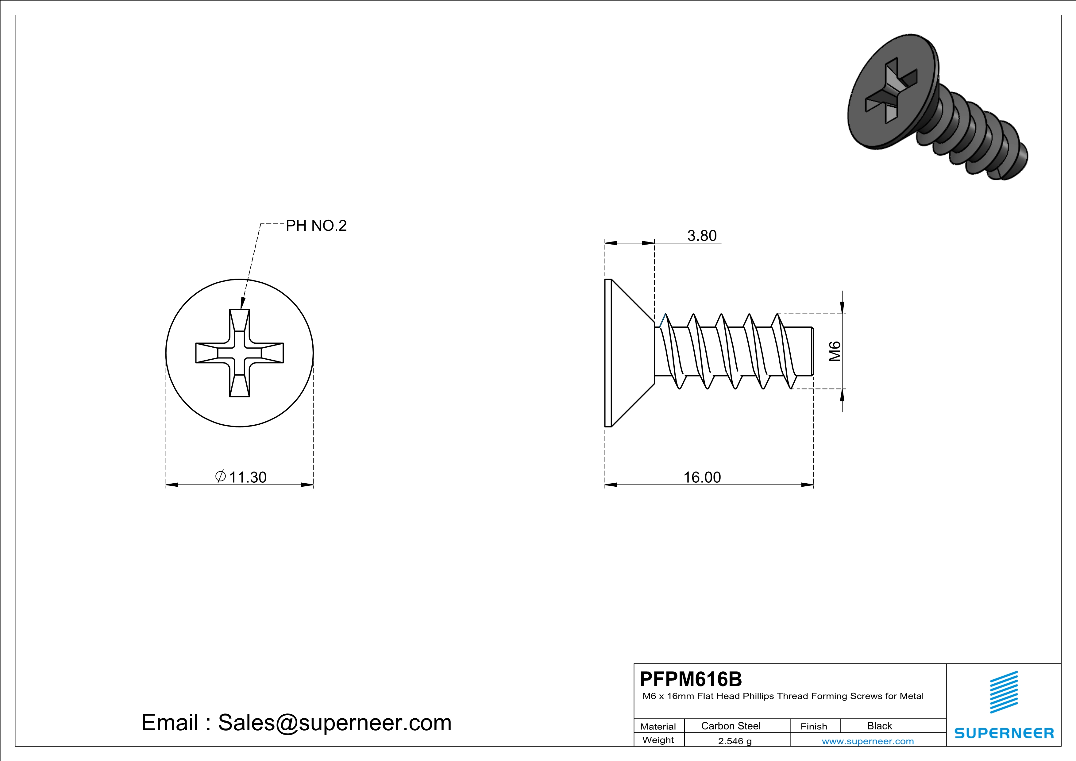 M6 &times; 16mm  Flat Head Phillips Thread Foming Screws for Plastic   Steel Black