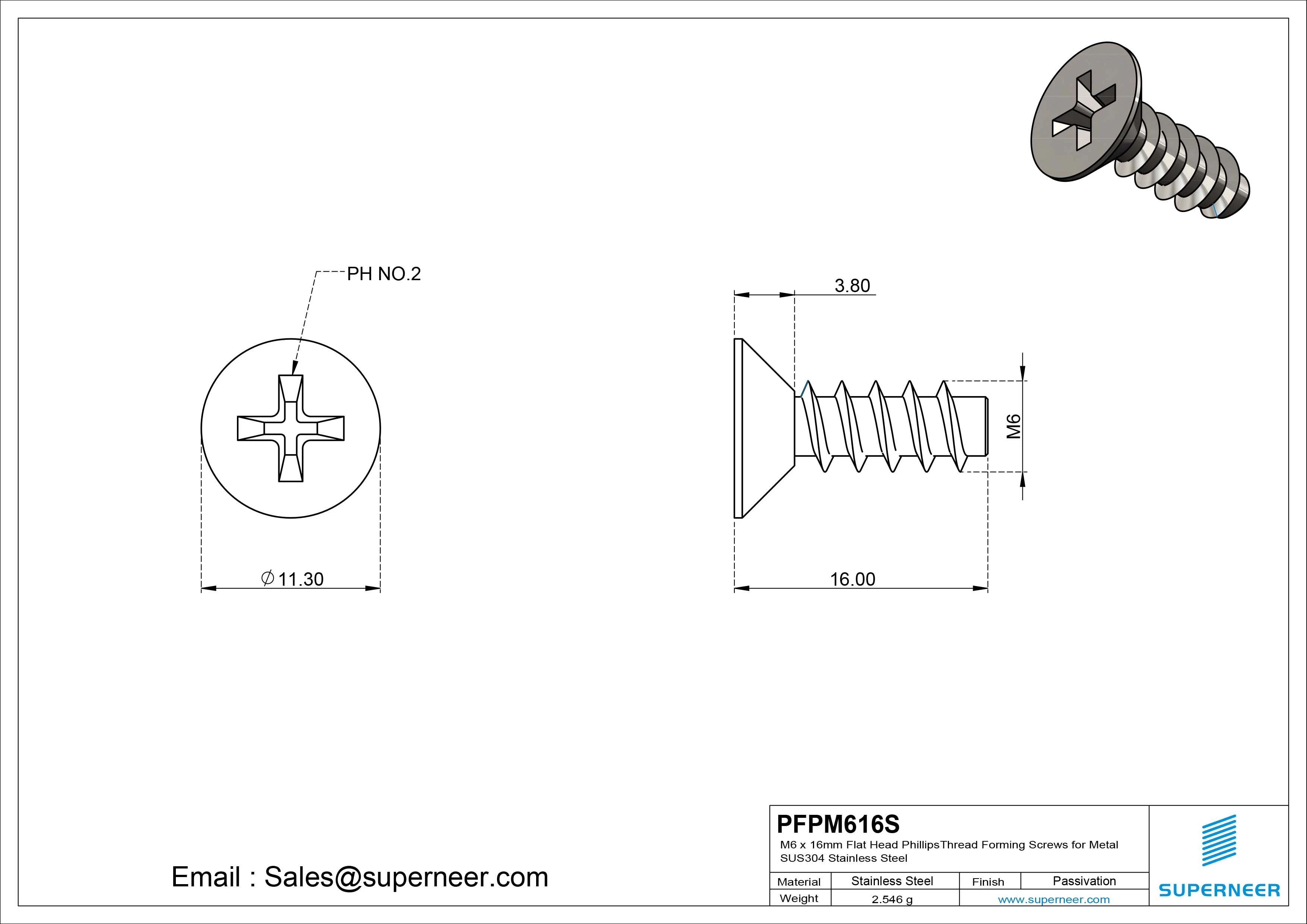 M6 &times; 16mm  Flat Head Phillips Thread Foming Screws for Plastic SUS304 Stainless Steel Inox