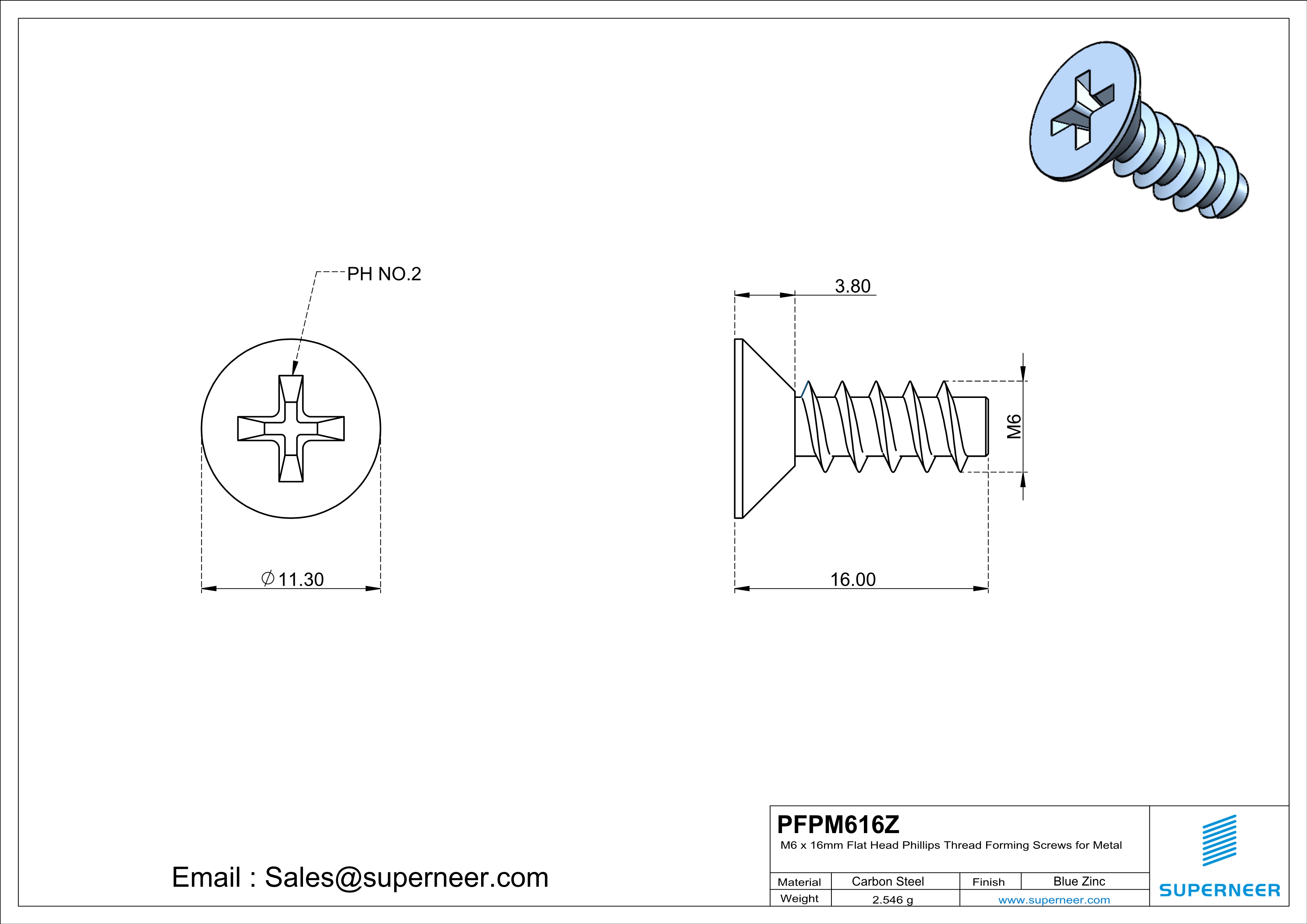 M6 &times; 16mm  Flat Head Phillips Thread Foming Screws for Plastic   Steel Blue Zinc Plated