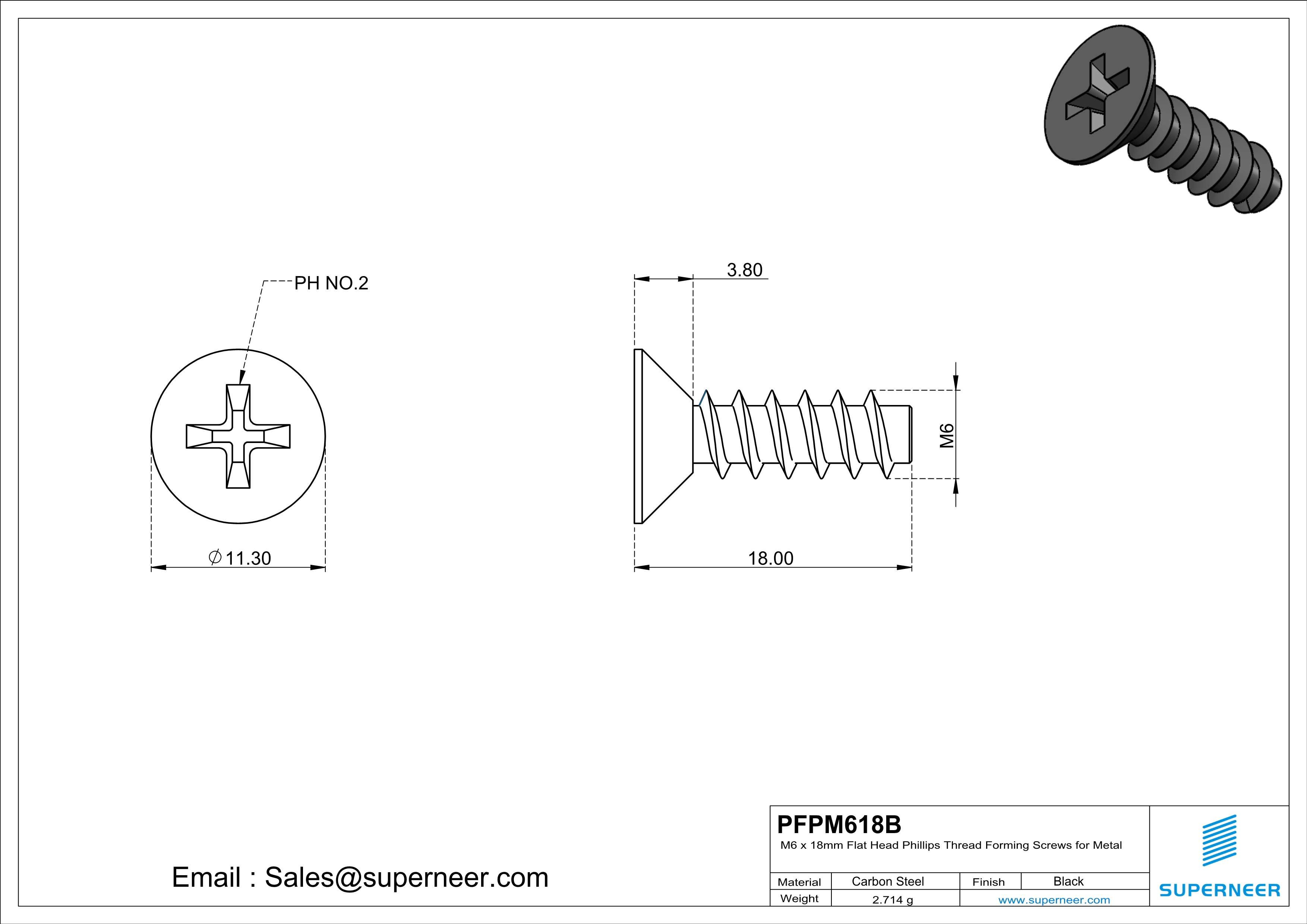 M6 &times; 18mm  Flat Head Phillips Thread Foming Screws for Plastic   Steel Black