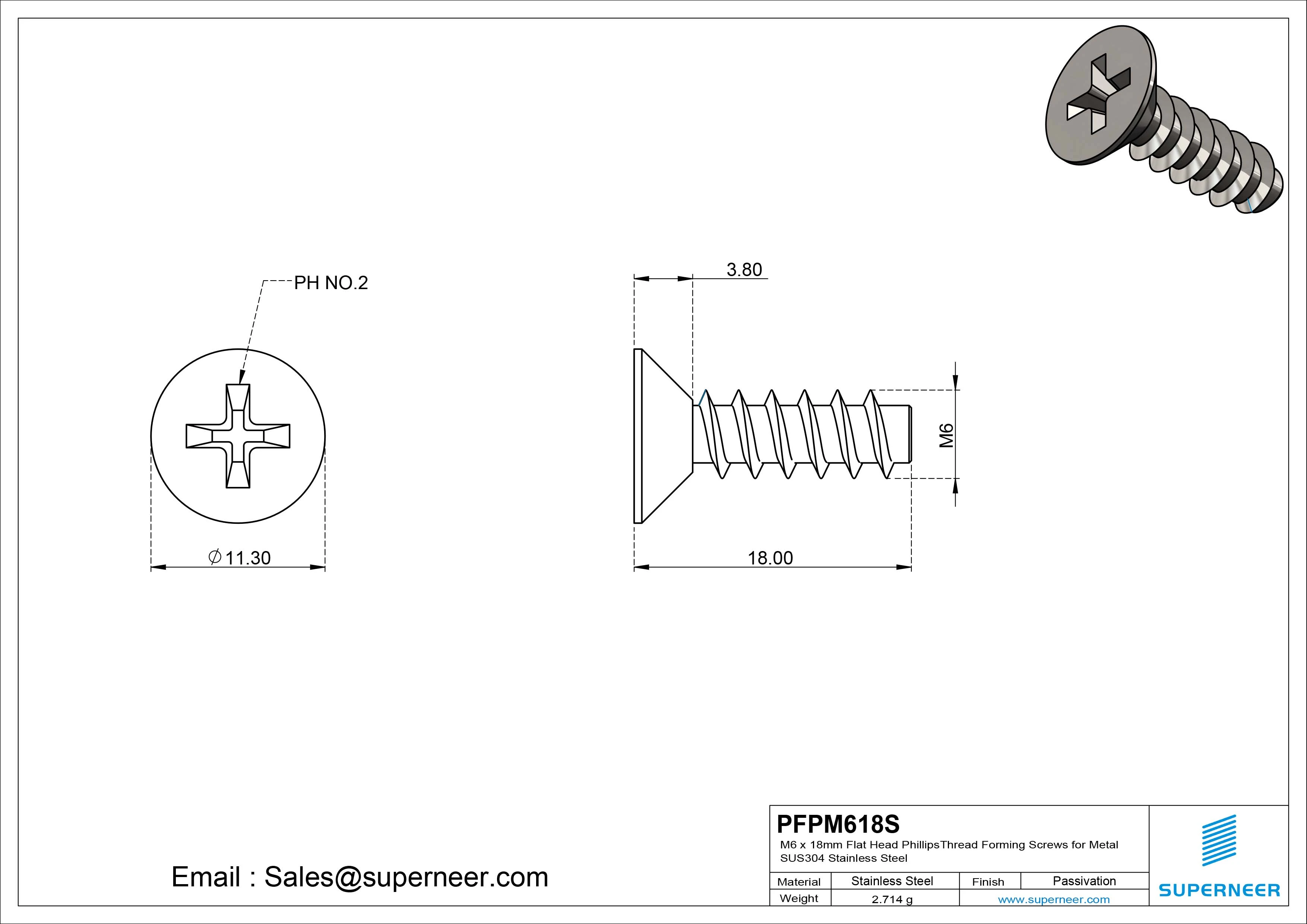 M6 &times; 18mm  Flat Head Phillips Thread Foming Screws for Plastic SUS304 Stainless Steel Inox