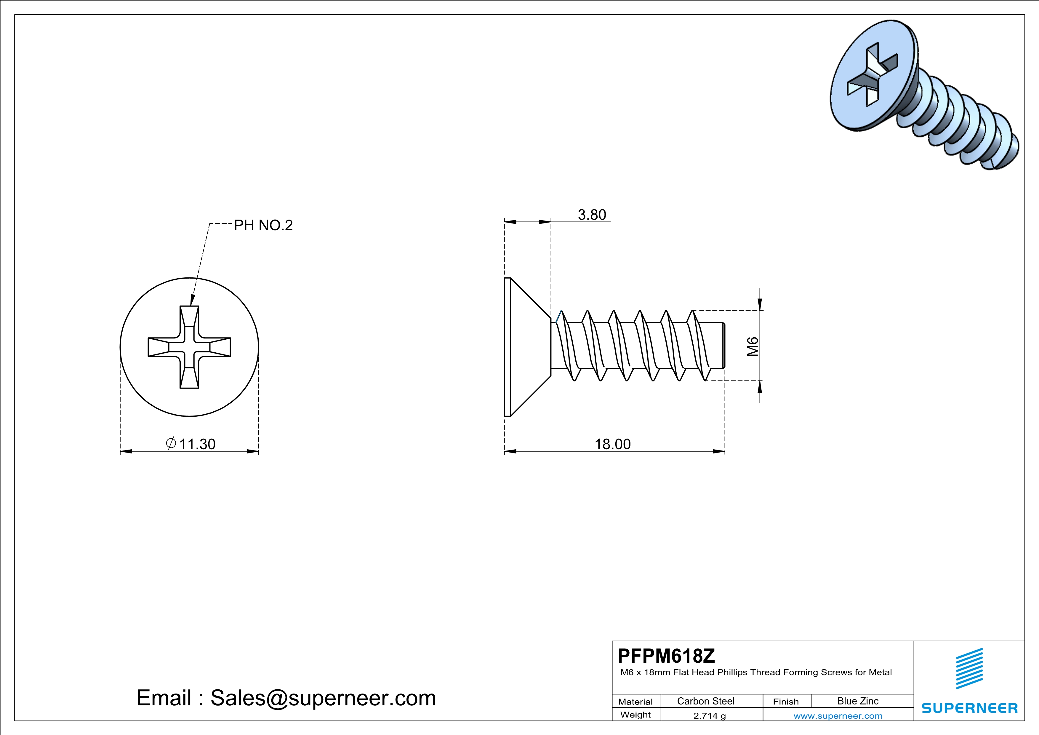 M6 &times; 18mm  Flat Head Phillips Thread Foming Screws for Plastic   Steel Blue Zinc Plated