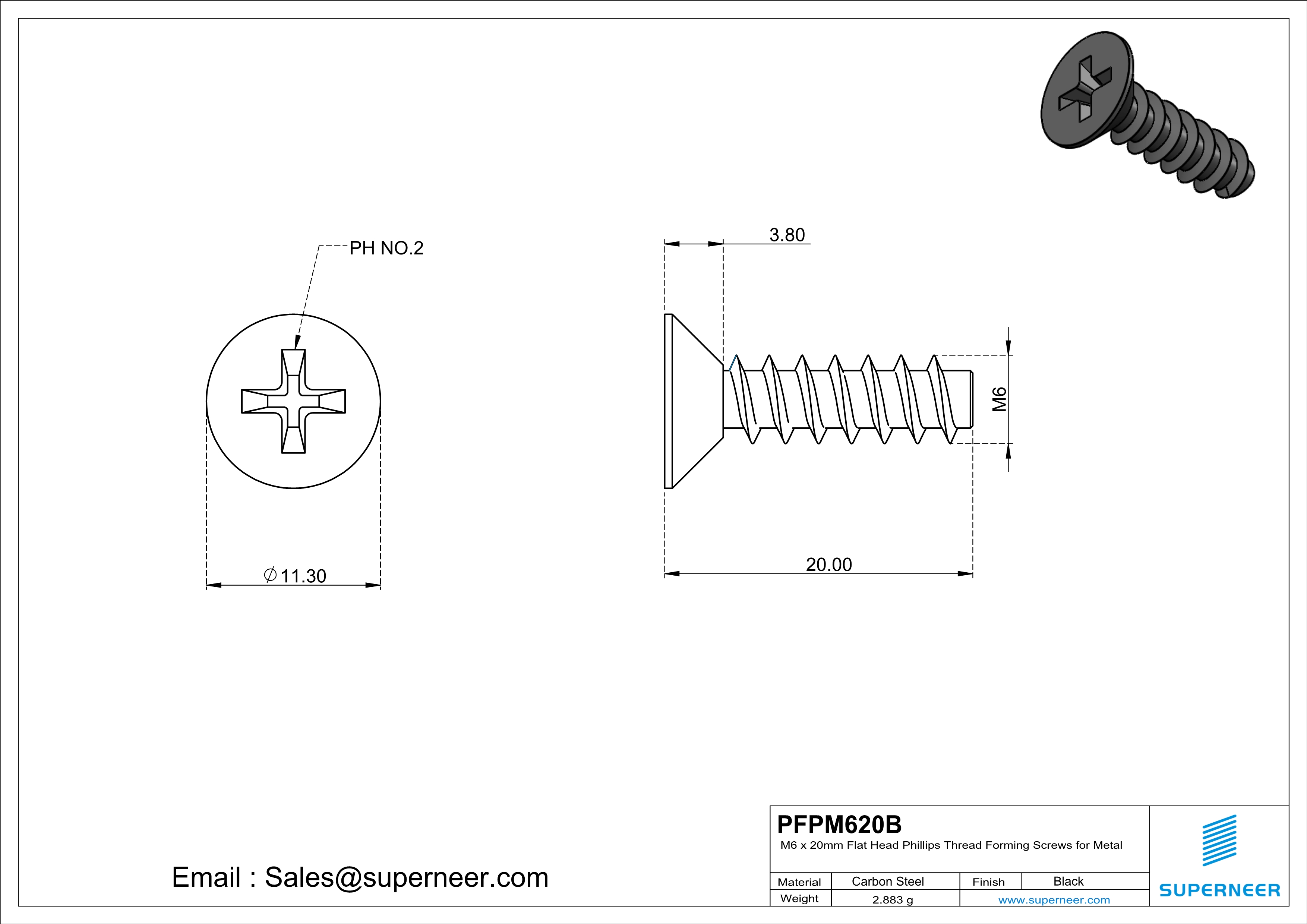 M6 &times; 20mm  Flat Head Phillips Thread Foming Screws for Plastic   Steel Black