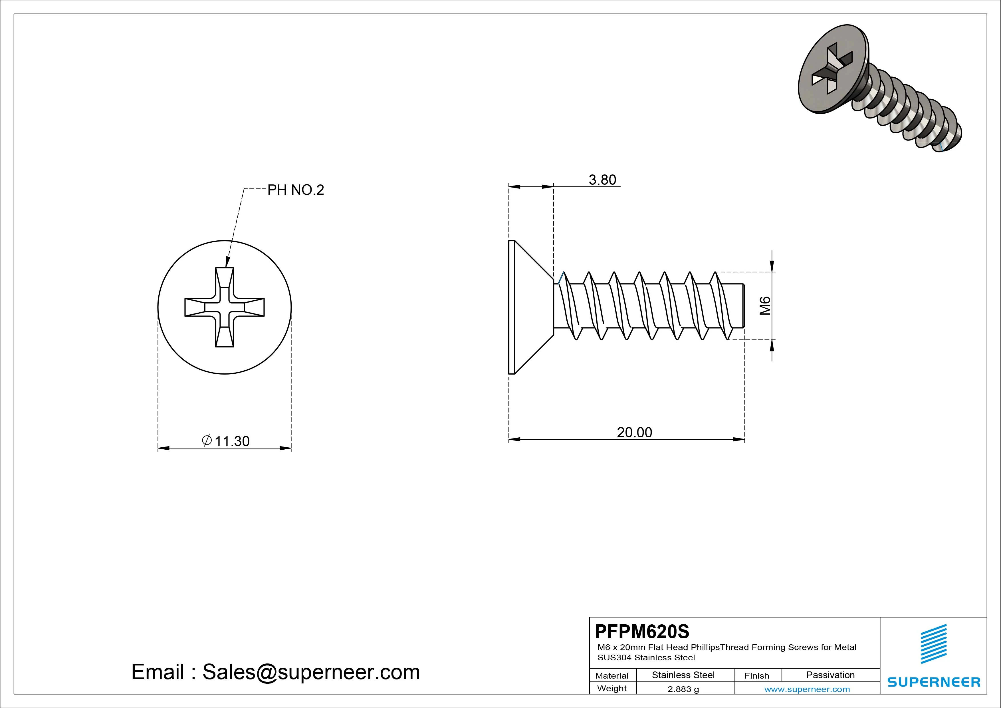 M6 &times; 20mm  Flat Head Phillips Thread Foming Screws for Plastic SUS304 Stainless Steel Inox