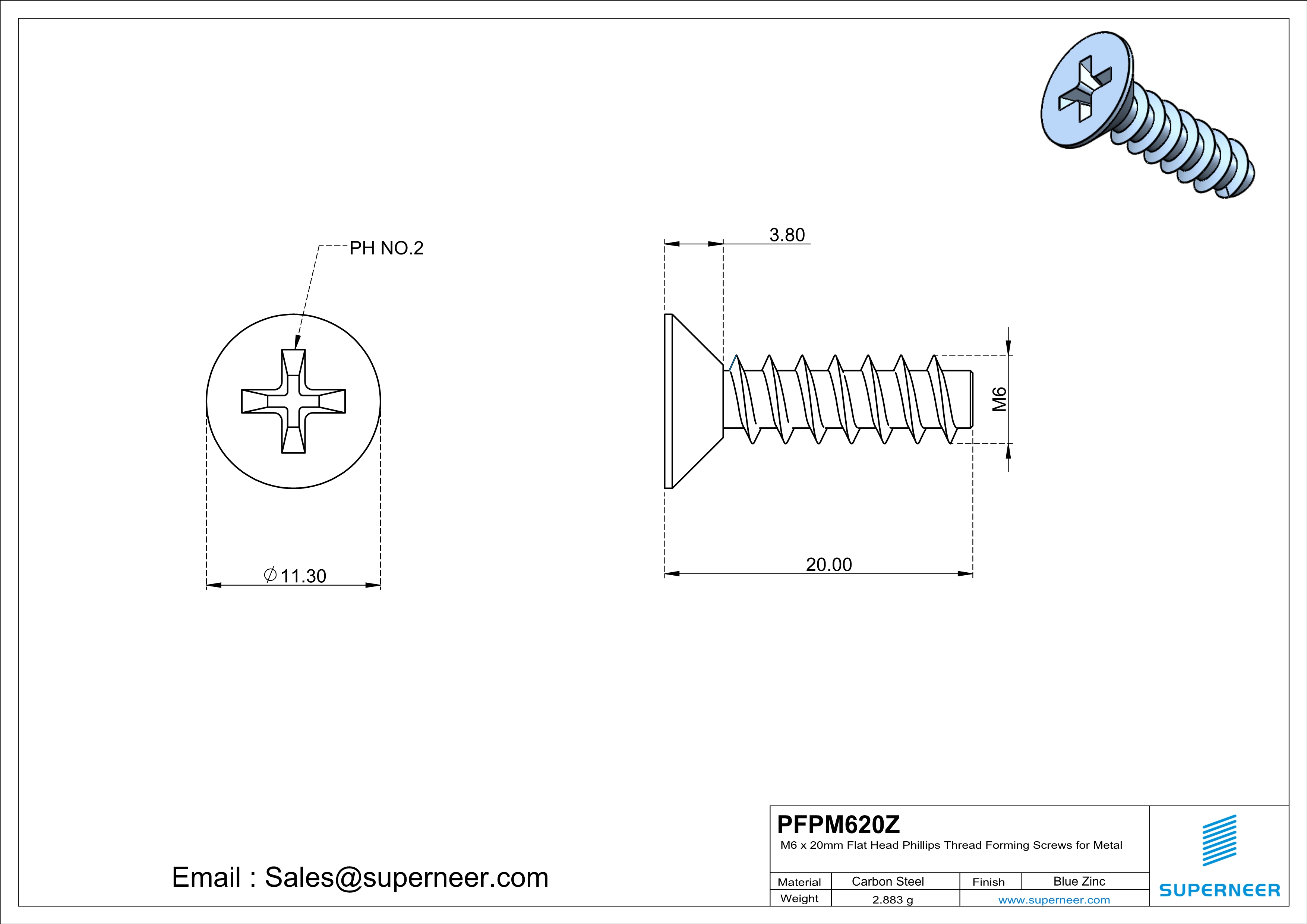 M6 &times; 20mm  Flat Head Phillips Thread Foming Screws for Plastic   Steel Blue Zinc Plated