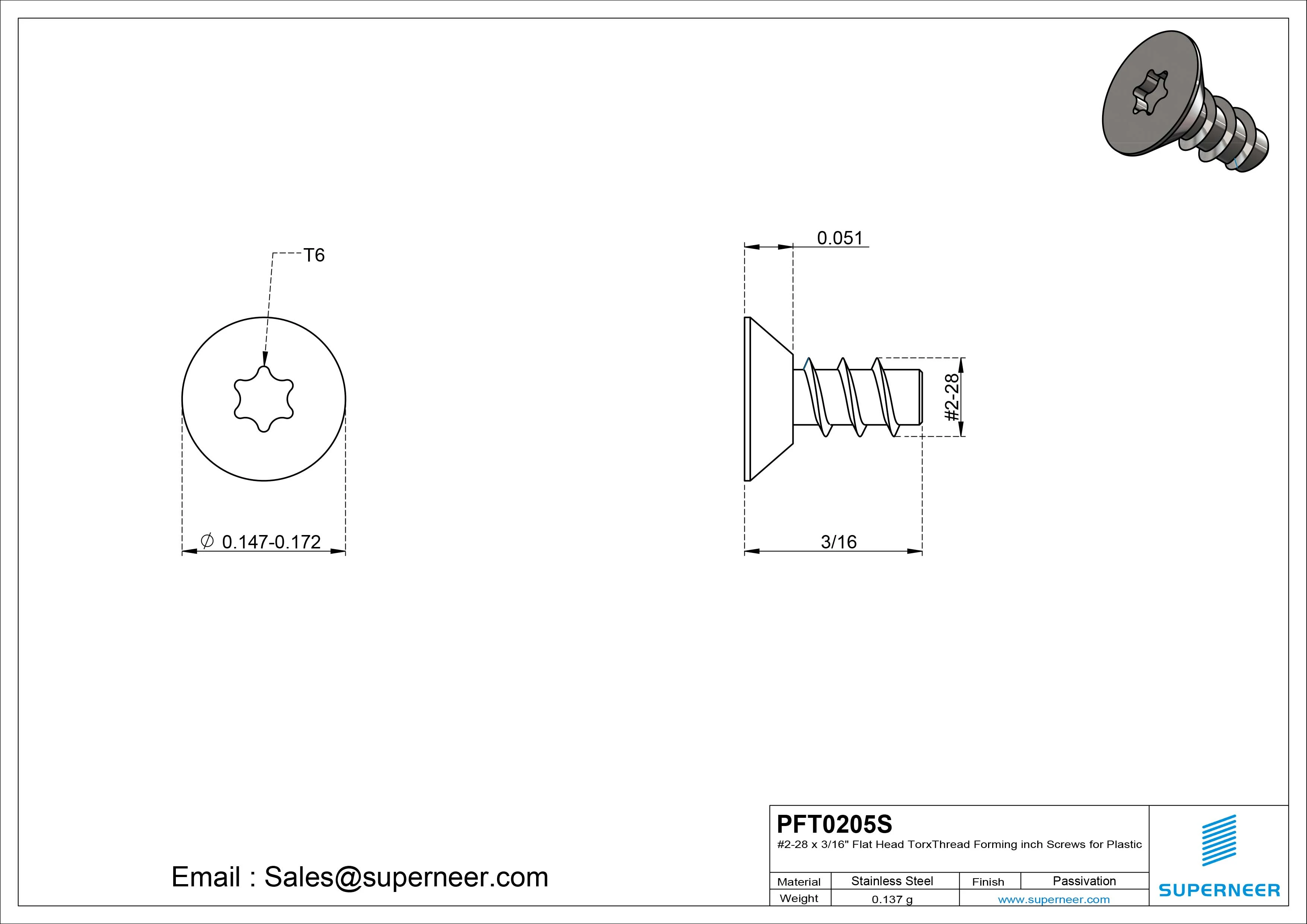 2 &times; 5/16" Flat Head Torx Thread Forming inch Screws for Plastic  SUS304 Stainless Steel Inox
