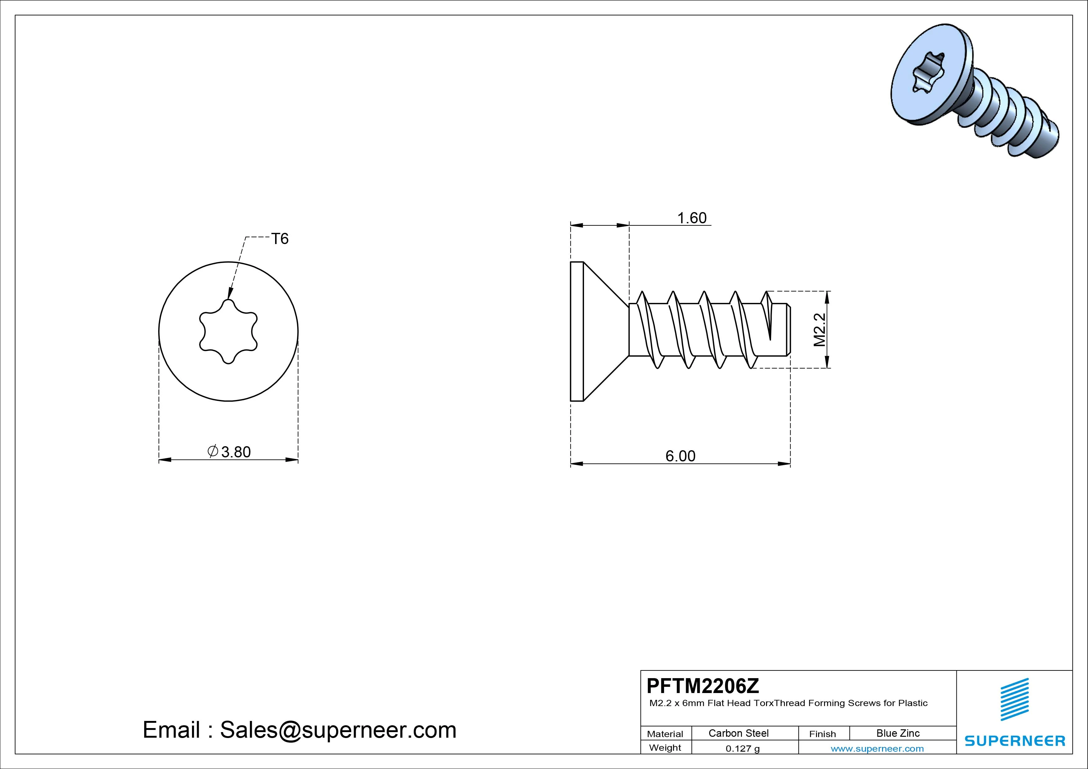 M2.2 &times; 6mm  Flat Head Torx Thread Foming Screws for Plastic   Steel Blue Zinc Plated