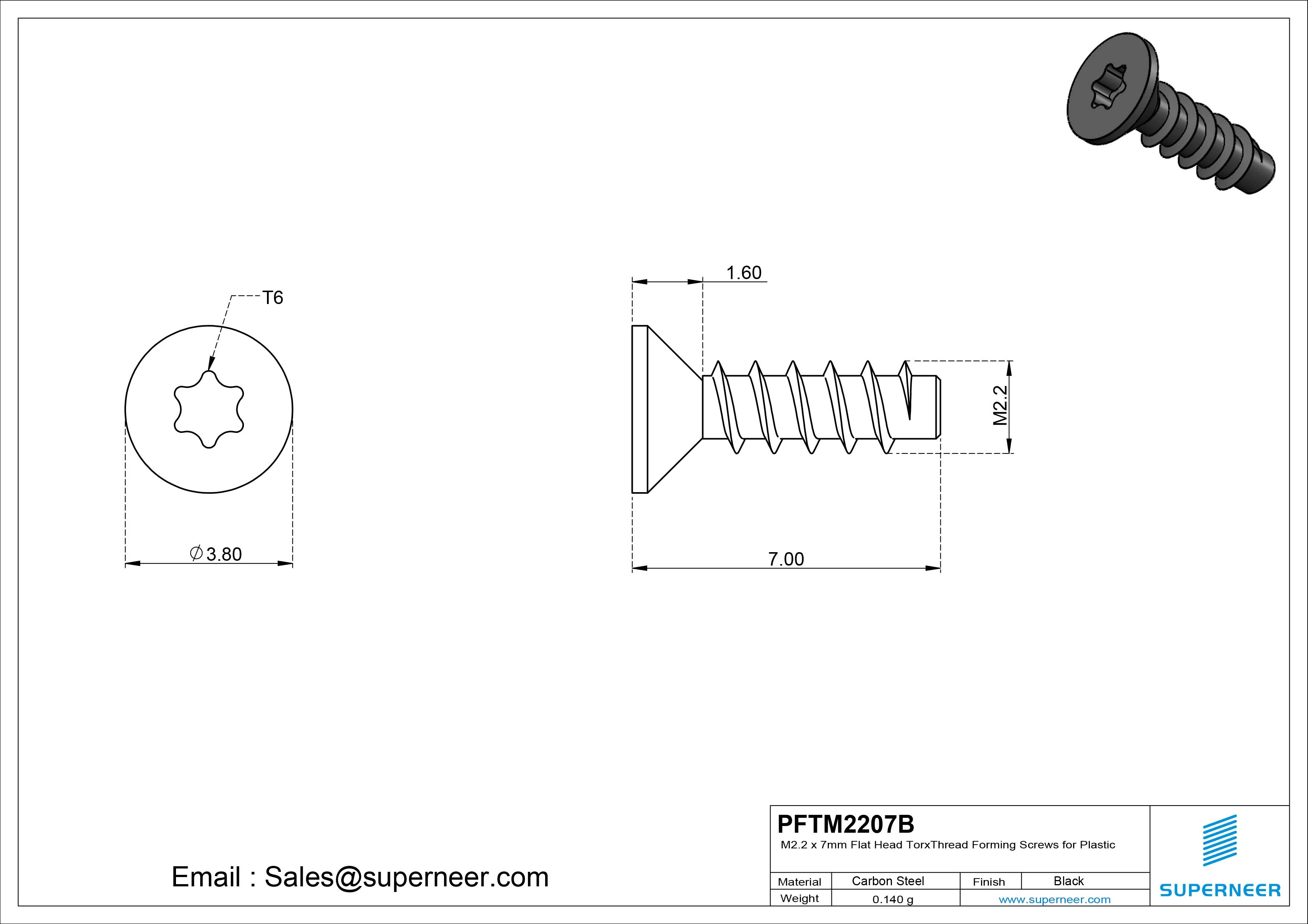 M2.2 &times; 7mm  Flat Head Torx Thread Foming Screws for Plastic   Steel Black