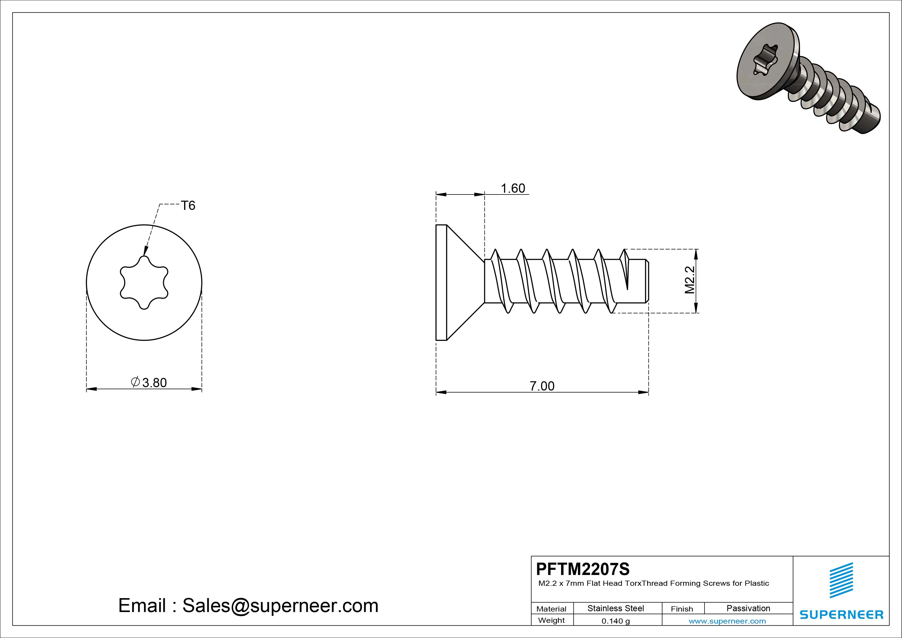 M2.2 &times; 7mm  Flat Head Torx Thread Foming Screws for Plastic SUS304 Stainless Steel Inox
