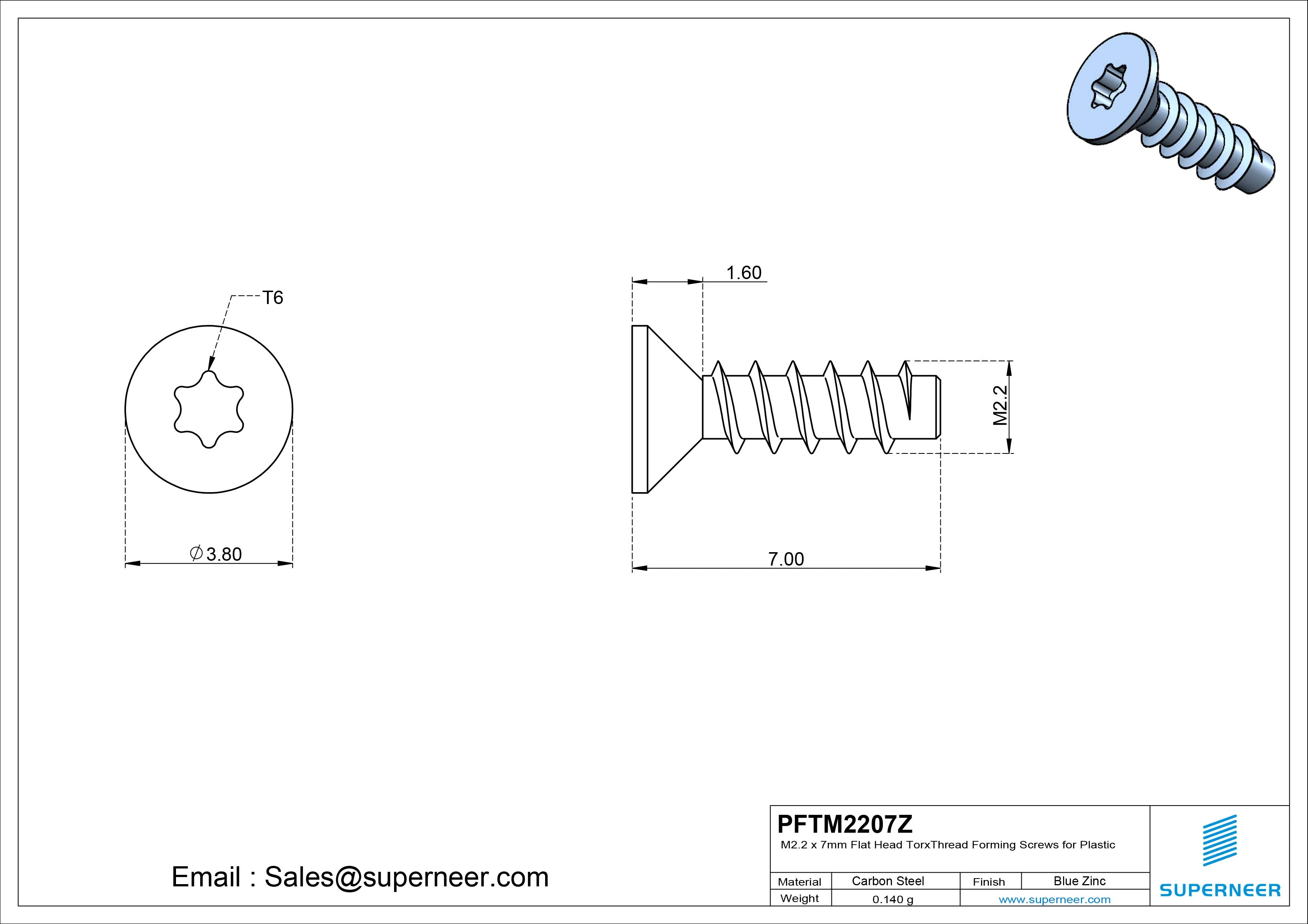M2.2 &times; 7mm  Flat Head Torx Thread Foming Screws for Plastic   Steel Blue Zinc Plated