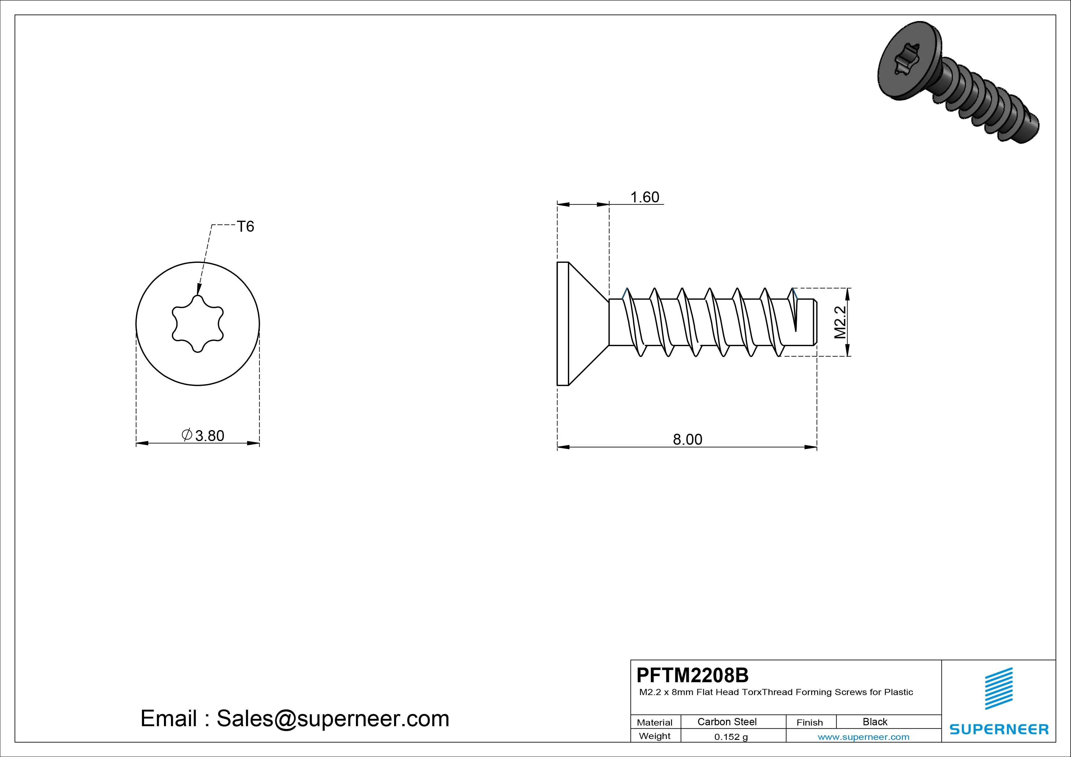 M2.2 &times; 8mm  Flat Head Torx Thread Foming Screws for Plastic   Steel Black