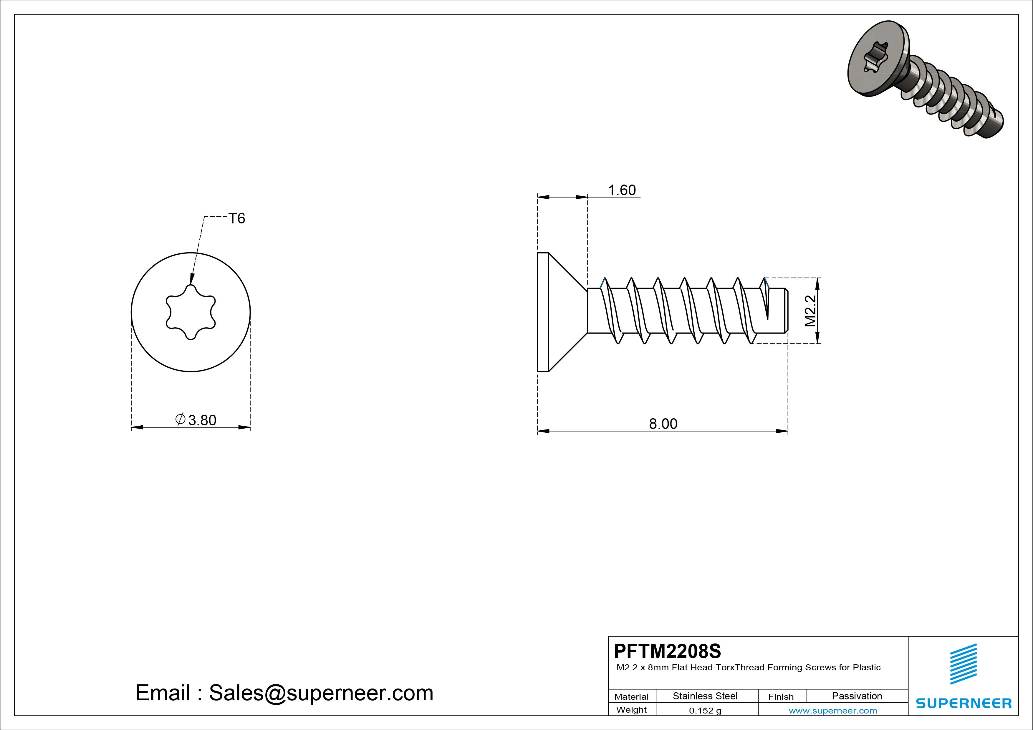 M2.2 &times; 8mm  Flat Head Torx Thread Foming Screws for Plastic SUS304 Stainless Steel Inox