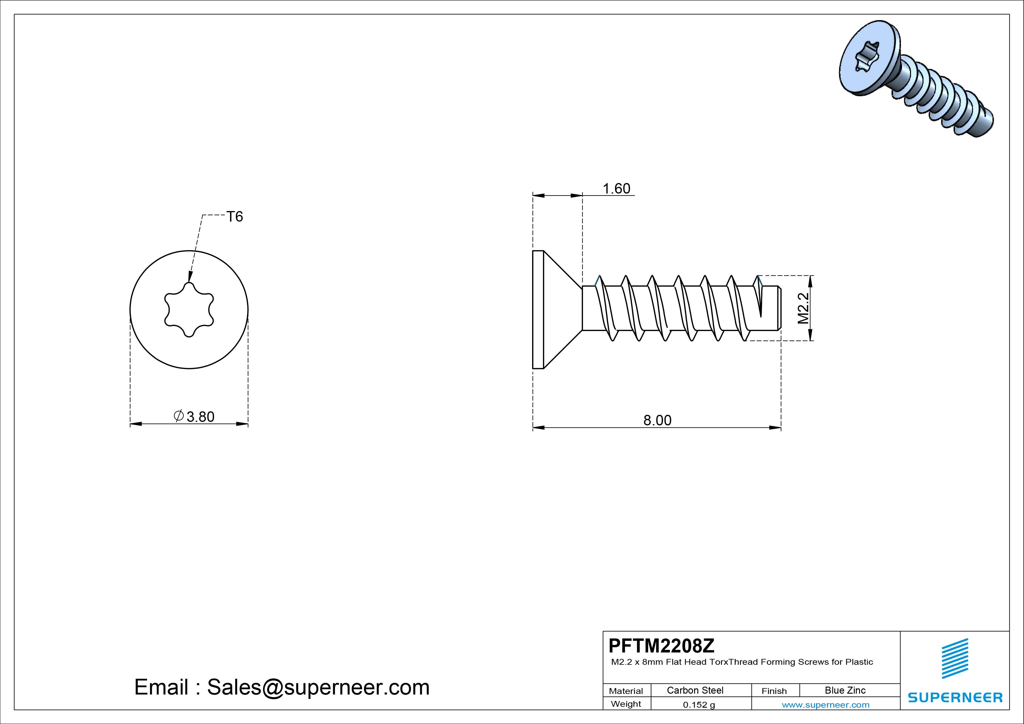M2.2 &times; 8mm  Flat Head Torx Thread Foming Screws for Plastic   Steel Blue Zinc Plated