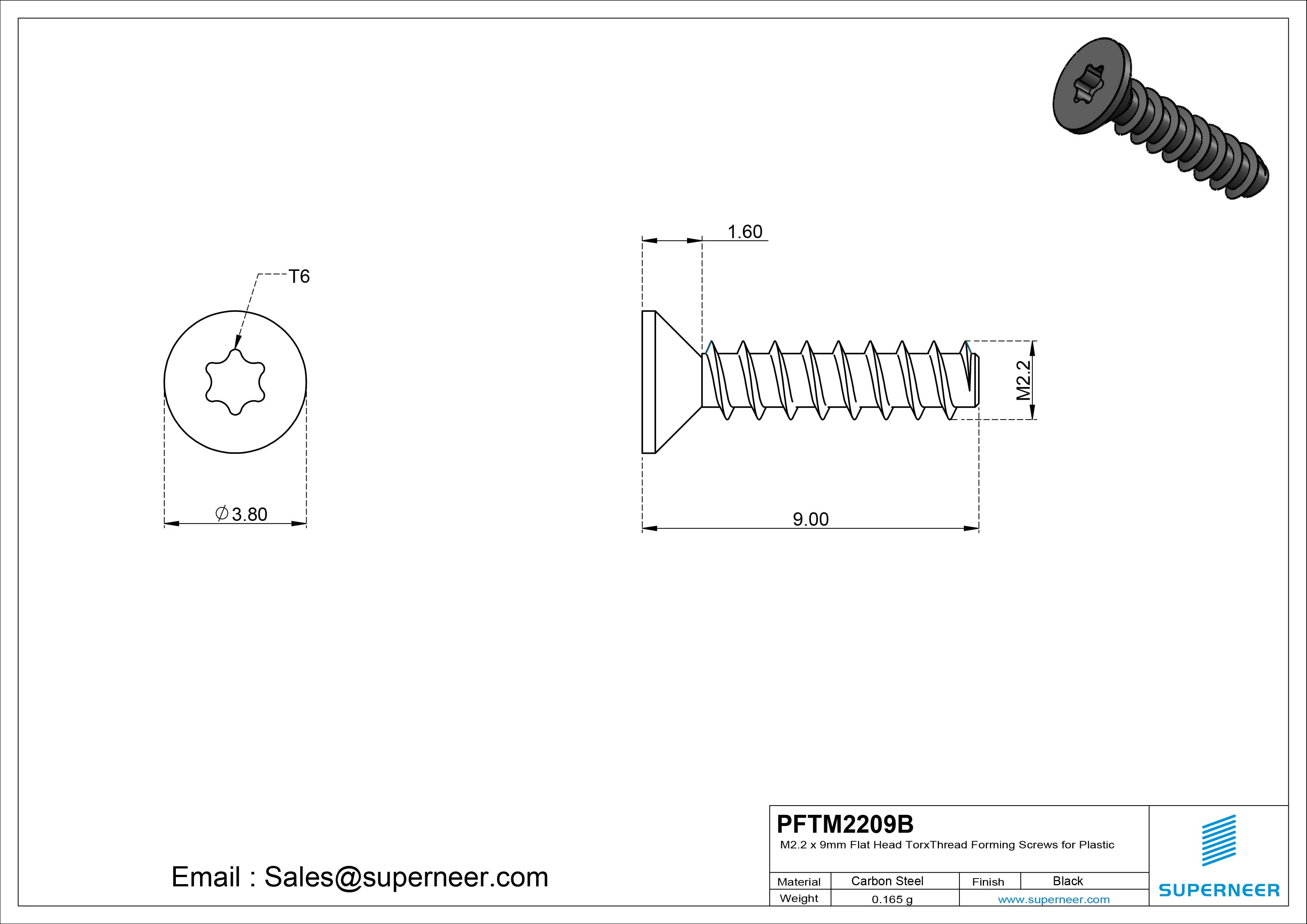 M2.2 &times; 9mm  Flat Head Torx Thread Foming Screws for Plastic   Steel Black