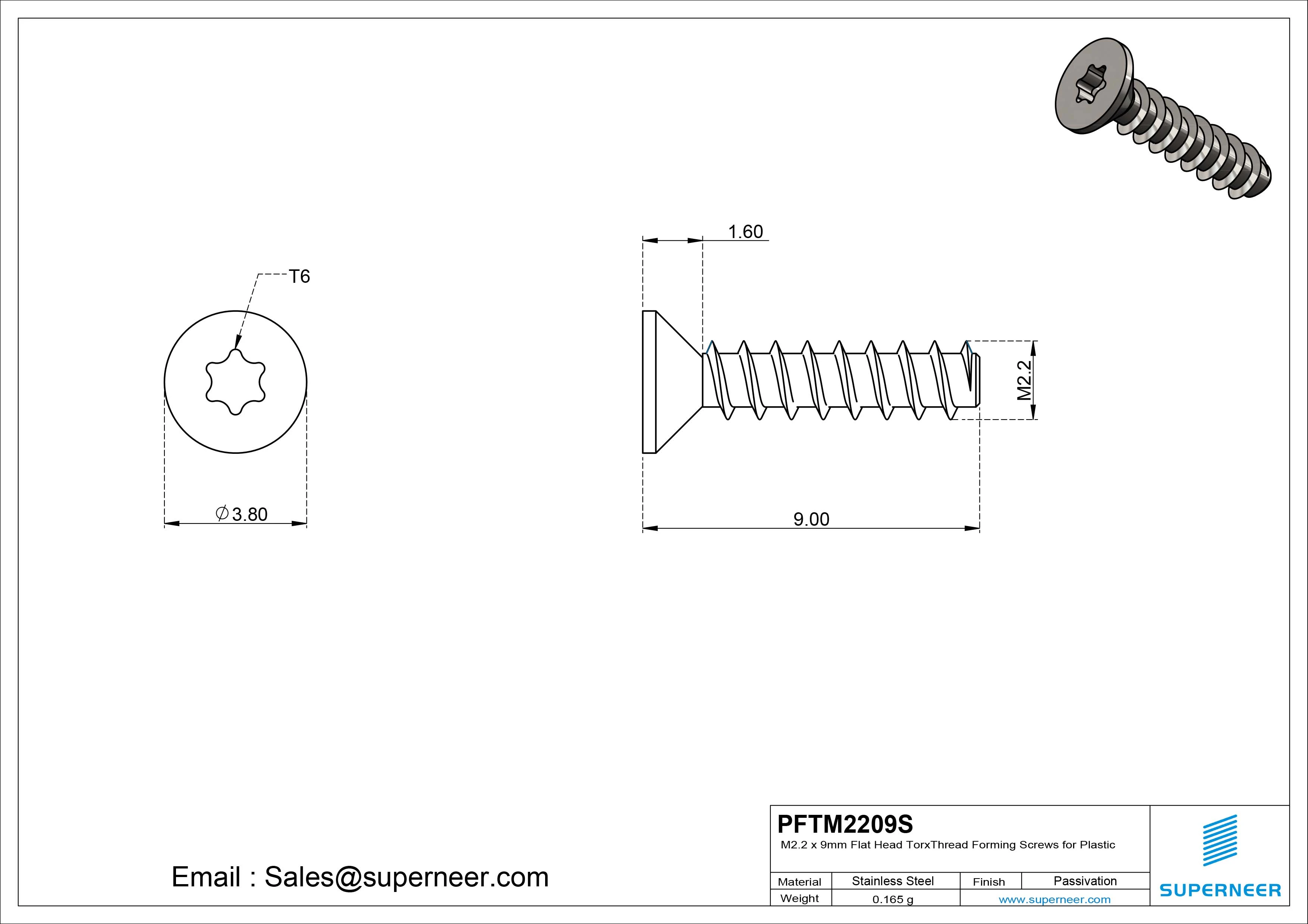 M2.2 &times; 9mm  Flat Head Torx Thread Foming Screws for Plastic SUS304 Stainless Steel Inox