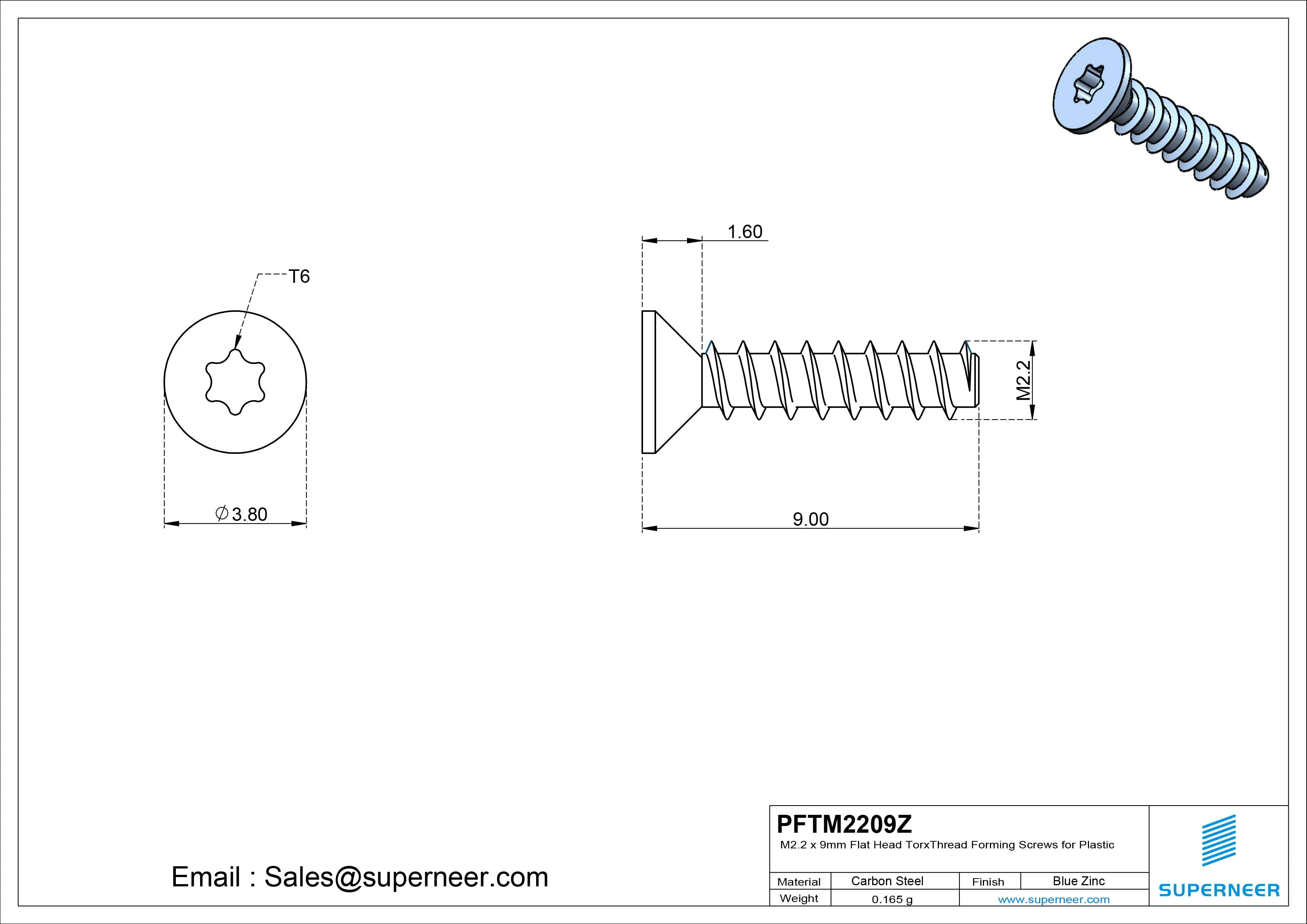 M2.2 &times; 9mm  Flat Head Torx Thread Foming Screws for Plastic   Steel Blue Zinc Plated