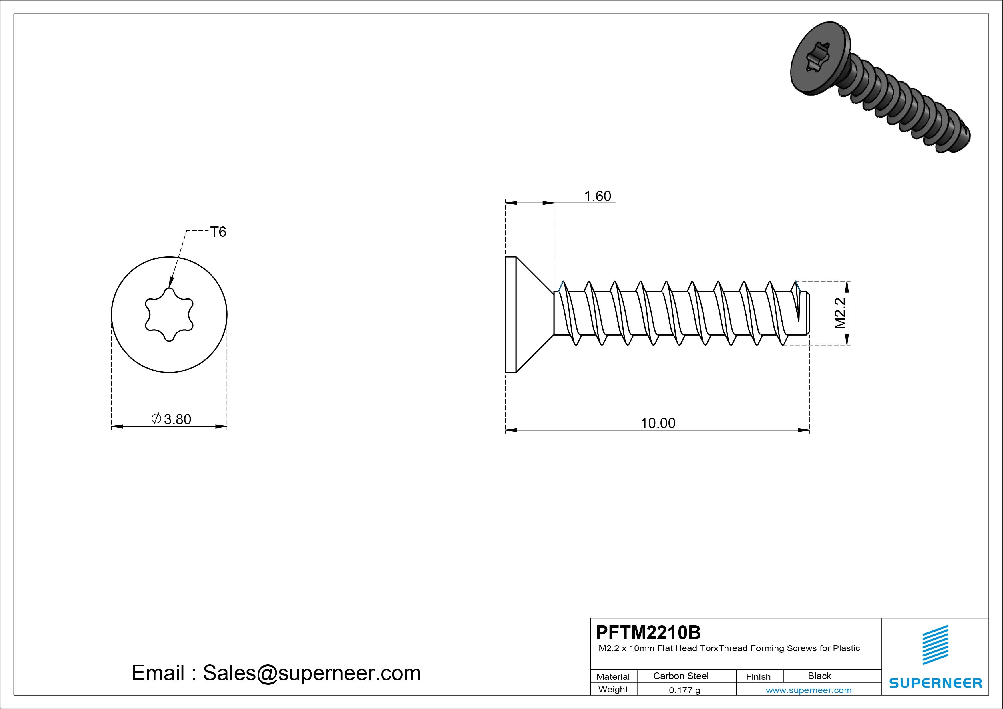 M2.2 &times; 10mm  Flat Head Torx Thread Foming Screws for Plastic   Steel Black