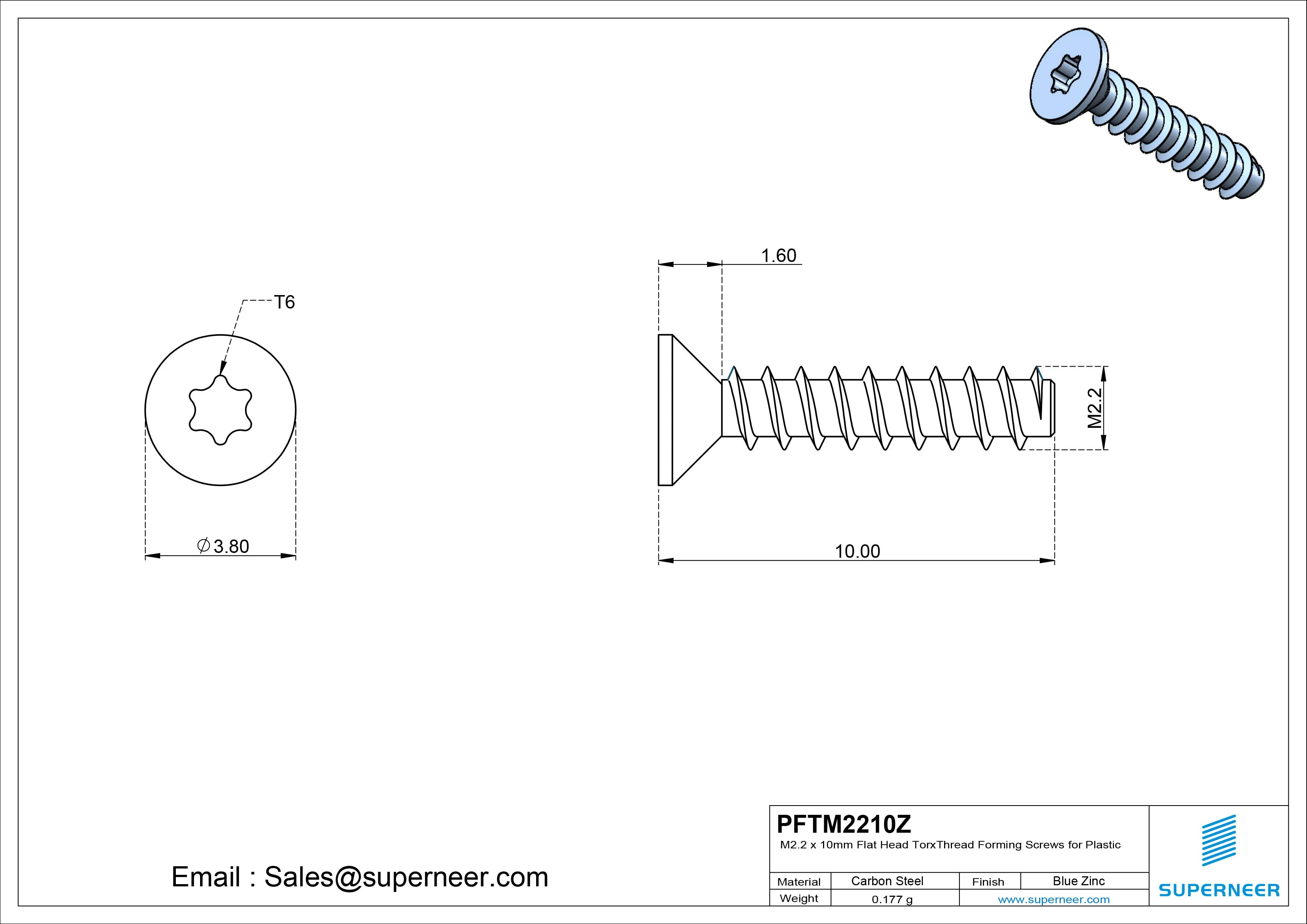 M2.2 &times; 10mm  Flat Head Torx Thread Foming Screws for Plastic   Steel Blue Zinc Plated