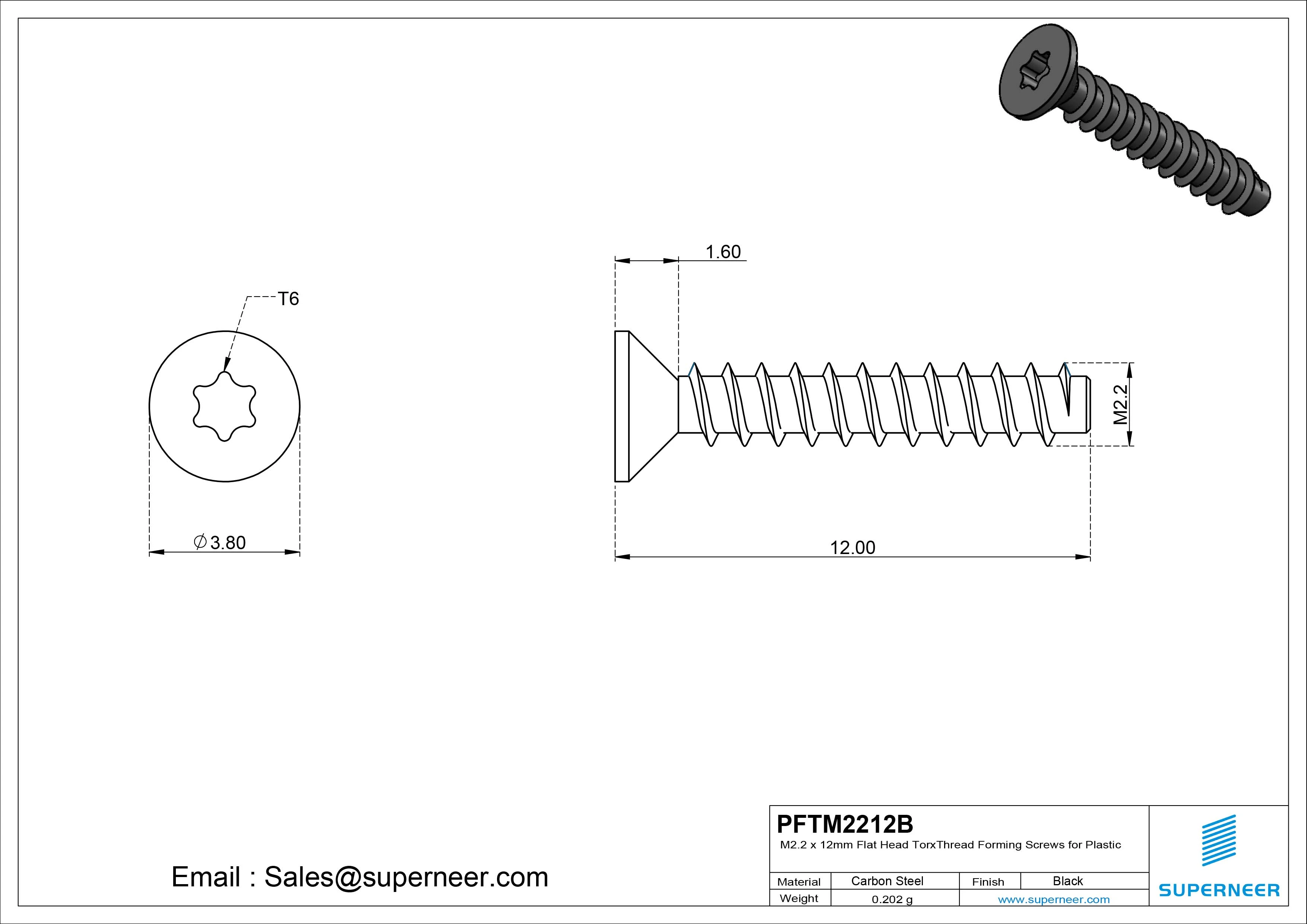 M2.2 &times; 12mm  Flat Head Torx Thread Foming Screws for Plastic   Steel Black