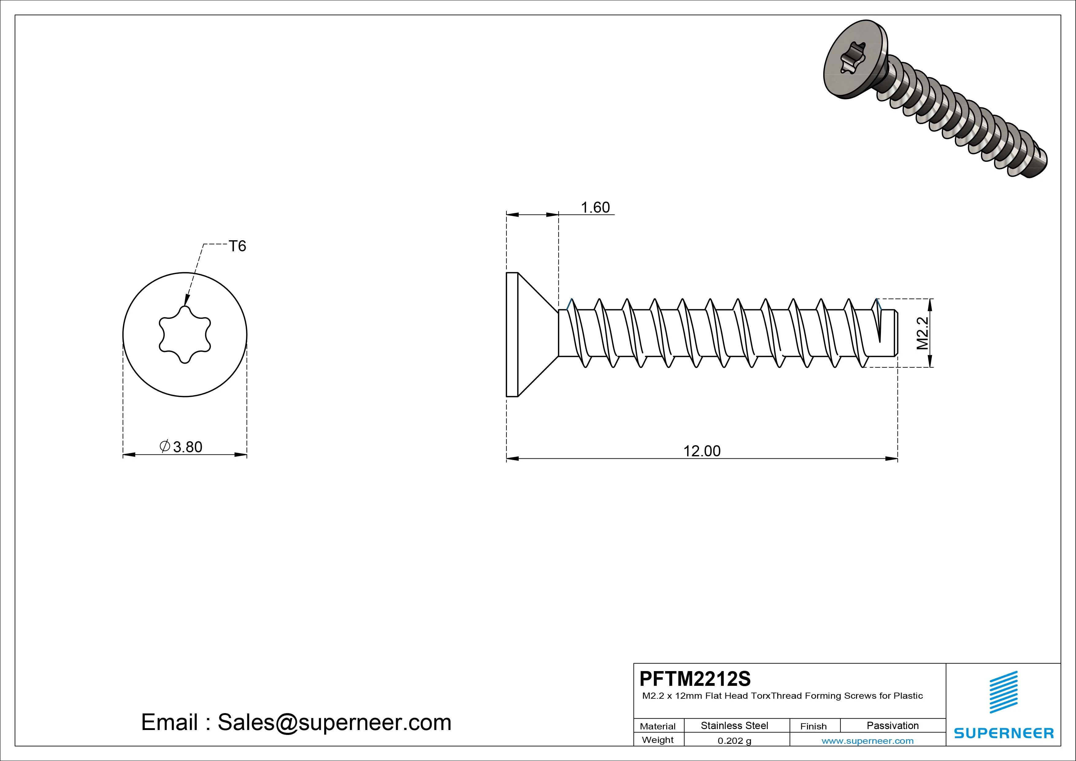 M2.2 &times; 12mm  Flat Head Torx Thread Foming Screws for Plastic SUS304 Stainless Steel Inox
