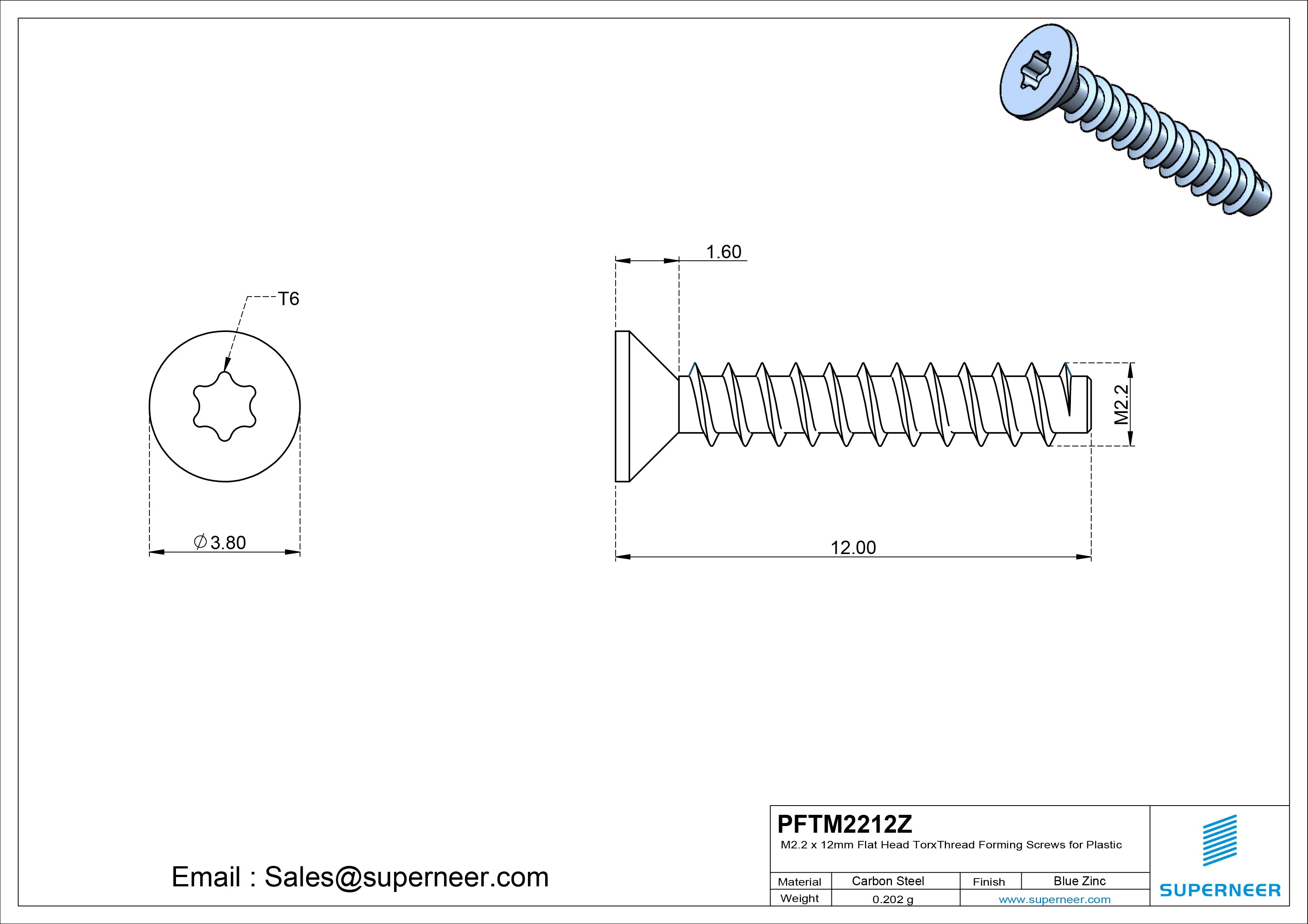 M2.2 &times; 12mm  Flat Head Torx Thread Foming Screws for Plastic   Steel Blue Zinc Plated