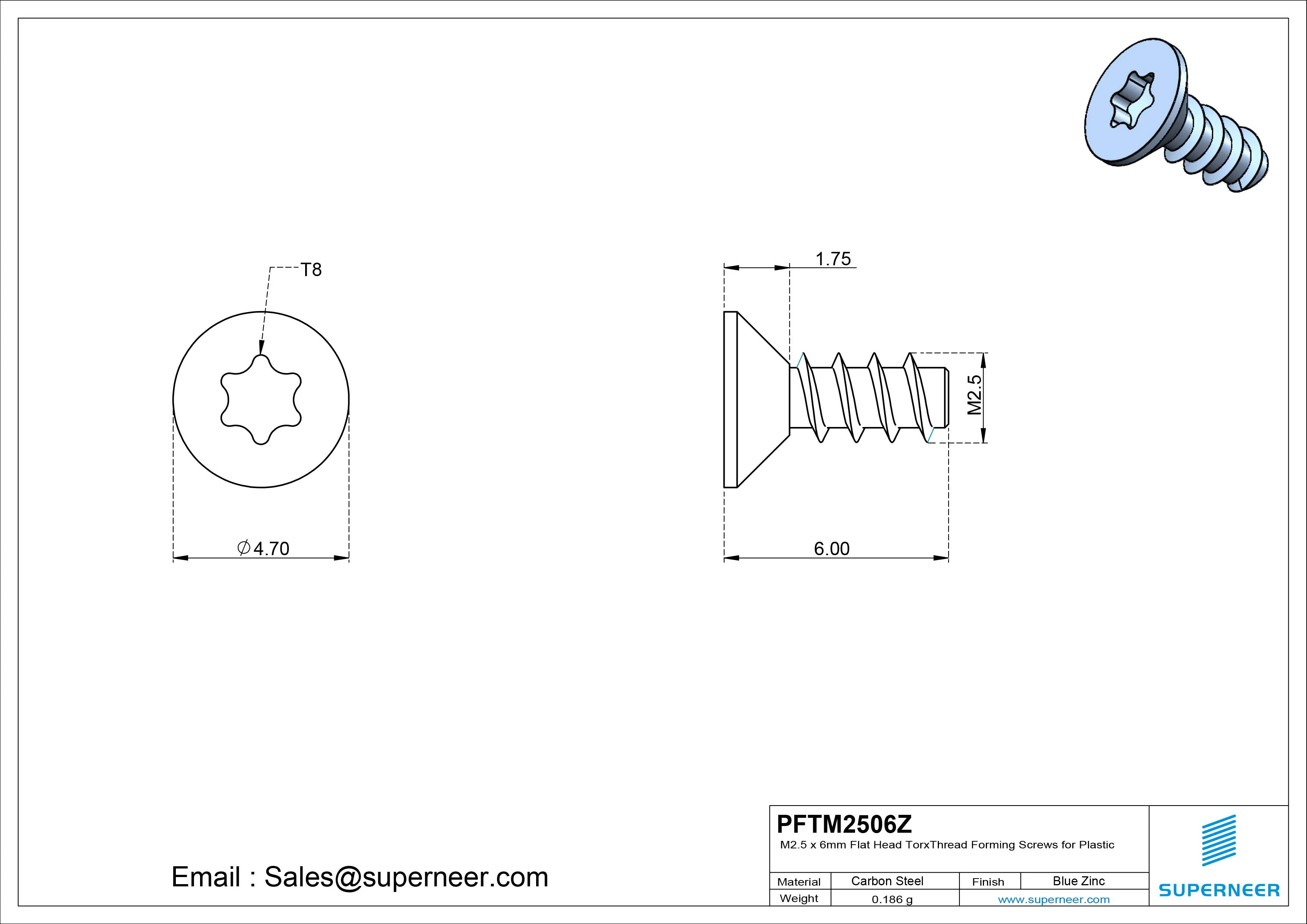 M2.5 &times; 6mm  Flat Head Torx Thread Foming Screws for Plastic   Steel Blue Zinc Plated
