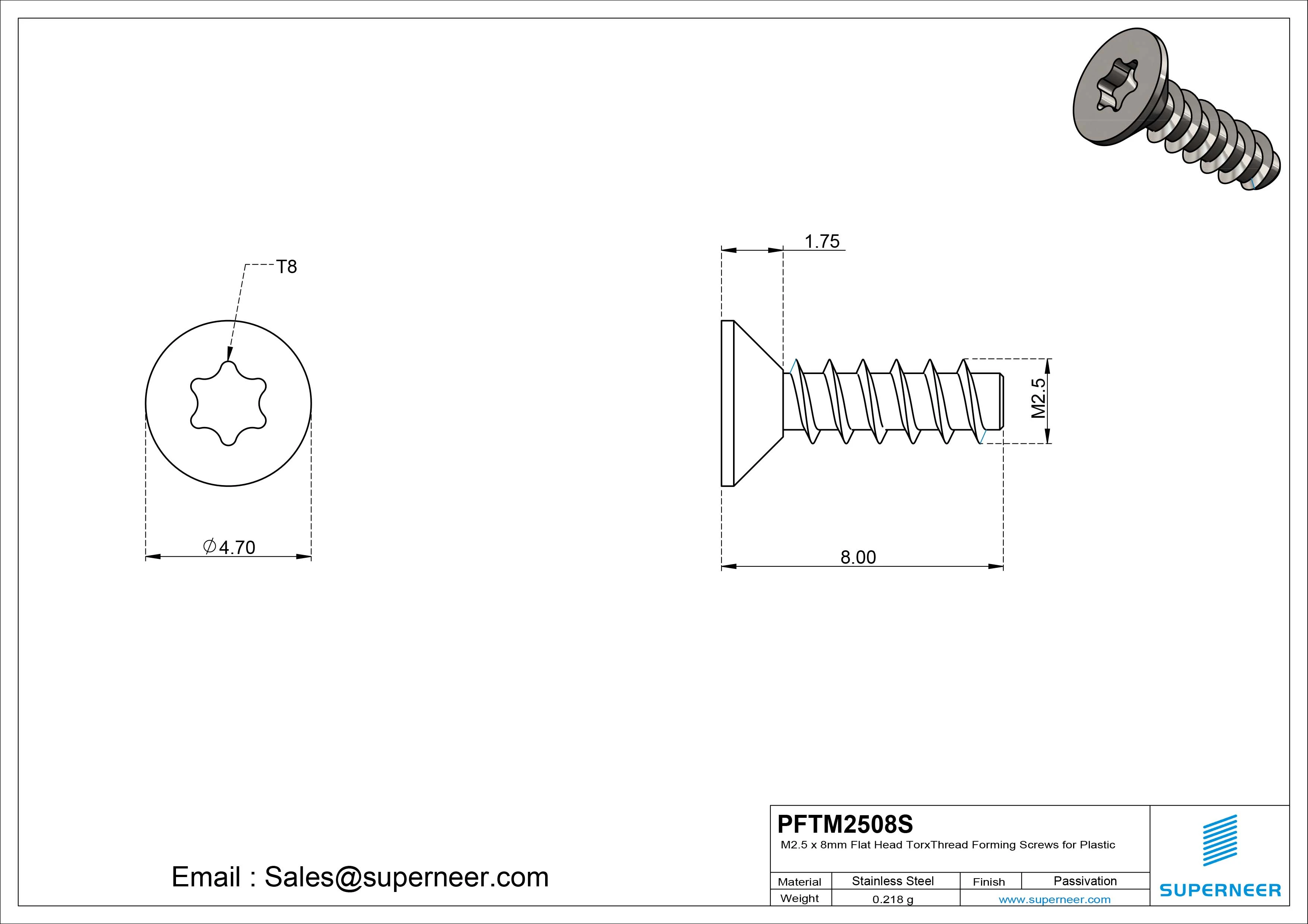 M2.5 &times; 8mm  Flat Head Torx Thread Foming Screws for Plastic SUS304 Stainless Steel Inox