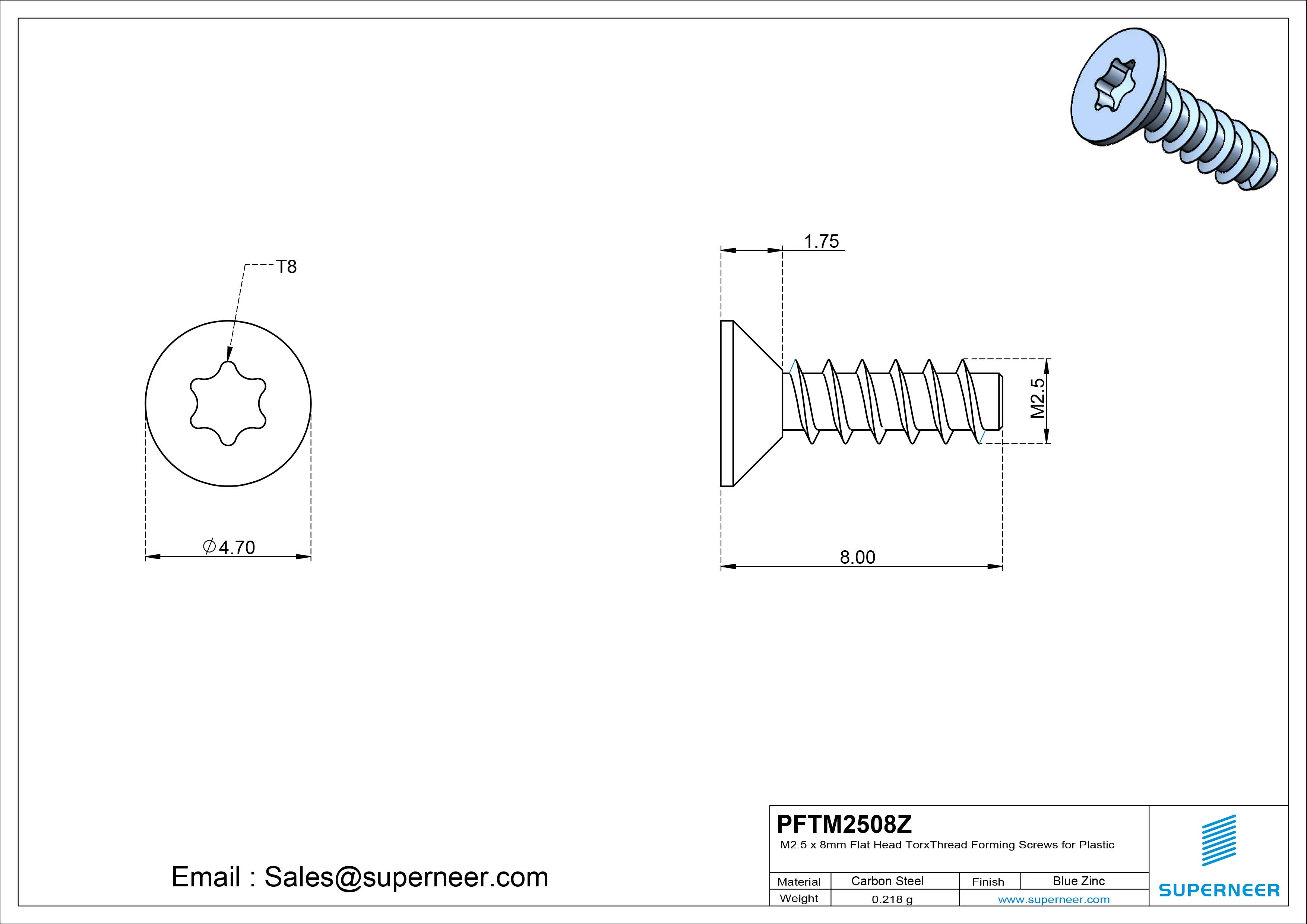 M2.5 &times; 8mm  Flat Head Torx Thread Foming Screws for Plastic   Steel Blue Zinc Plated