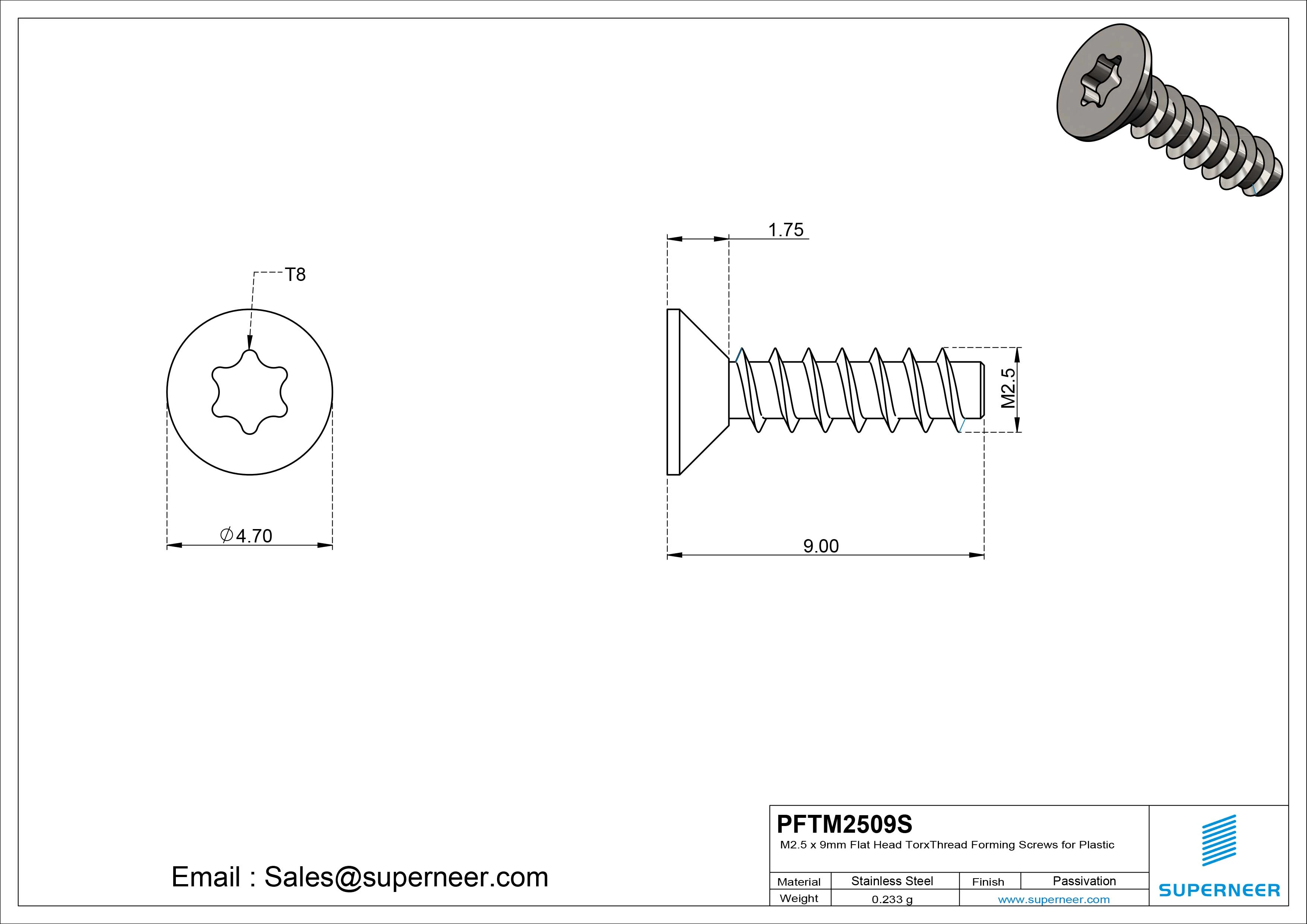 M2.5 &times; 9mm  Flat Head Torx Thread Foming Screws for Plastic SUS304 Stainless Steel Inox