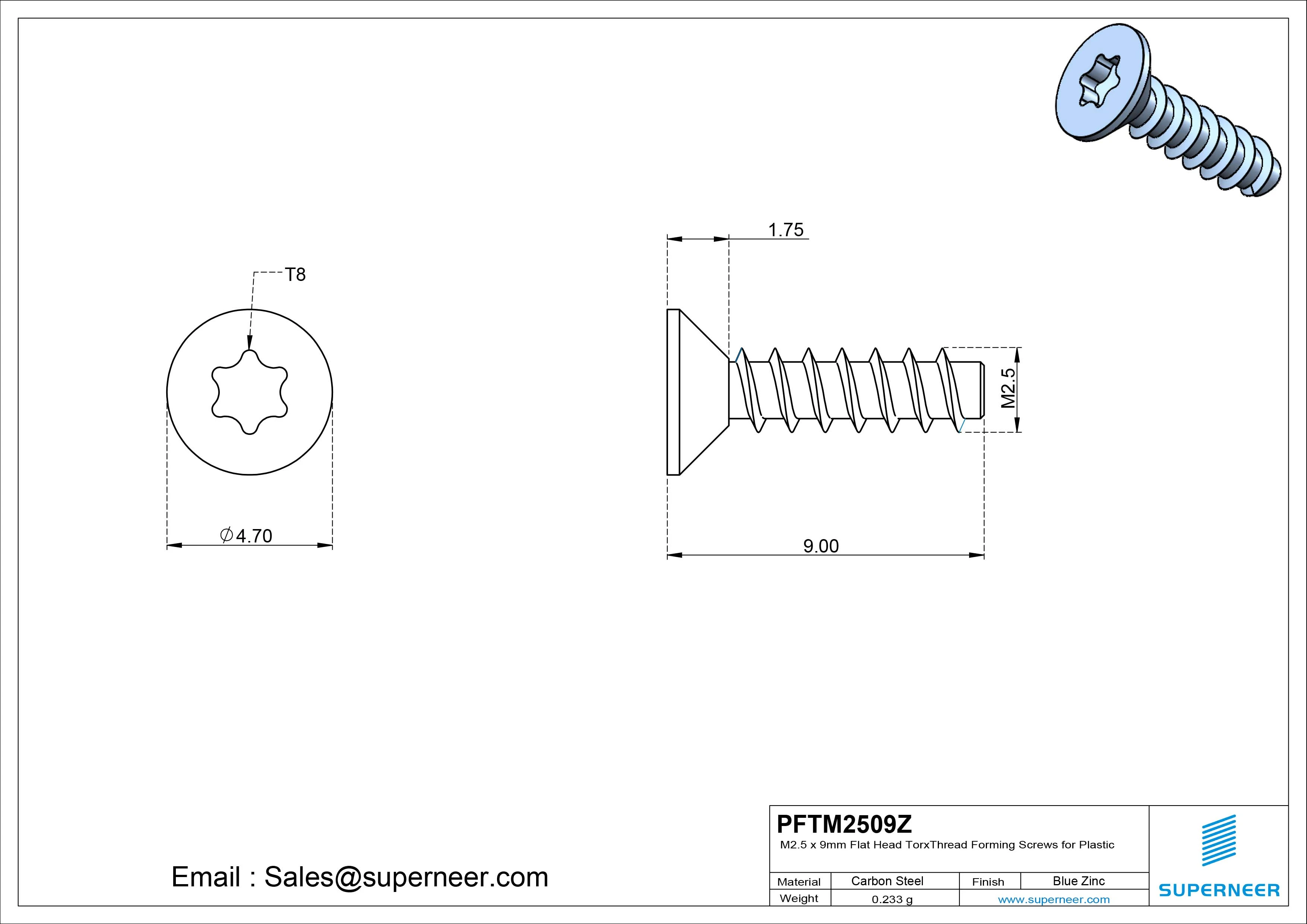 M2.5 &times; 9mm  Flat Head Torx Thread Foming Screws for Plastic   Steel Blue Zinc Plated