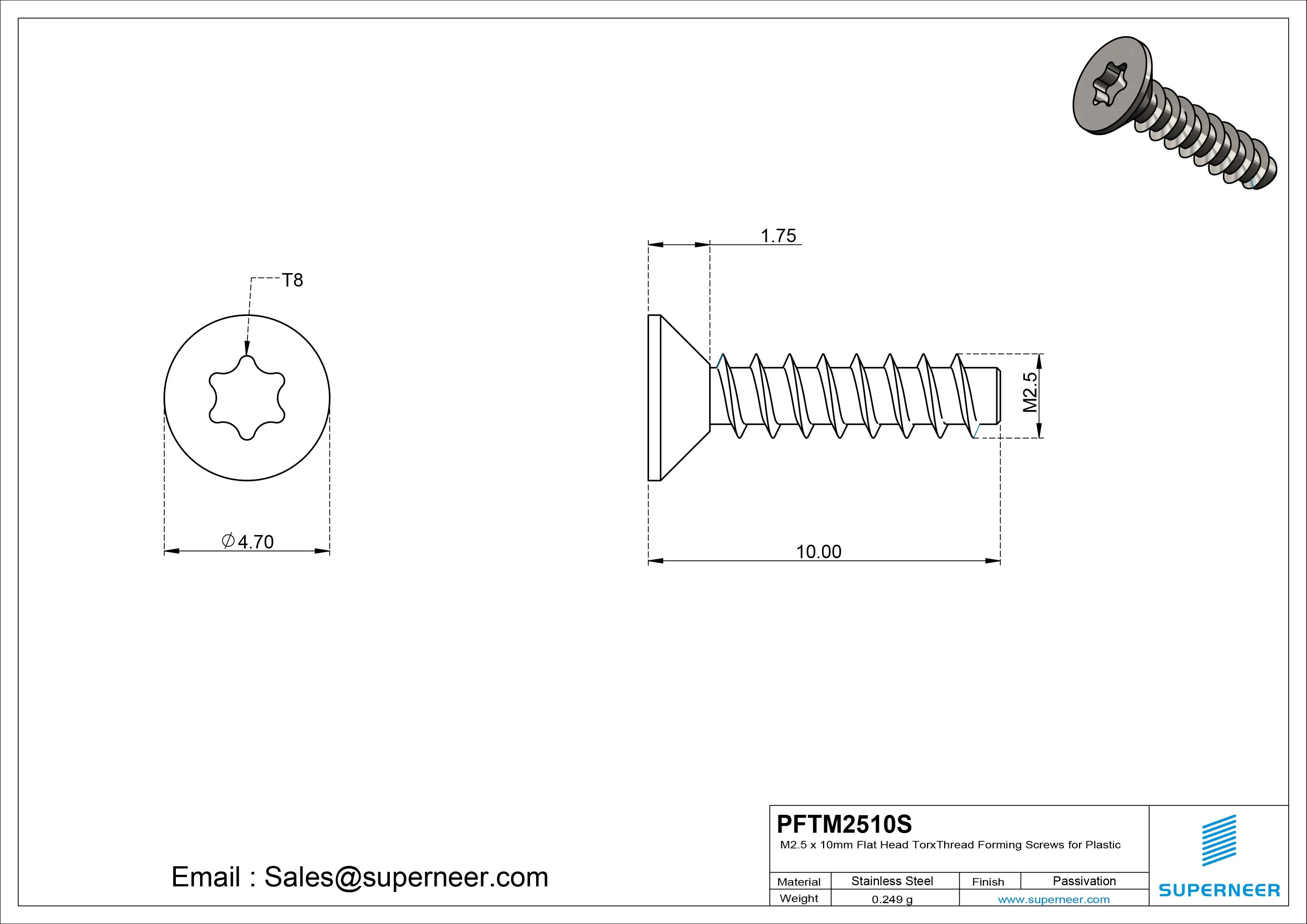 M2.5 &times; 10mm  Flat Head Torx Thread Foming Screws for Plastic SUS304 Stainless Steel Inox