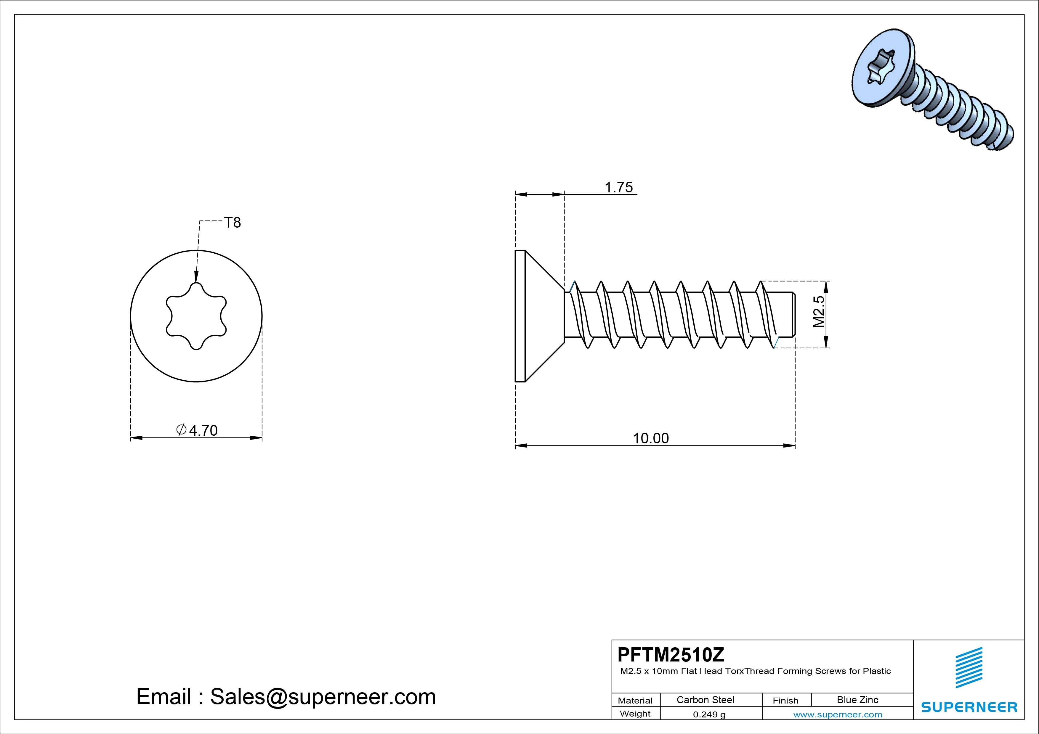 M2.5 &times; 10mm  Flat Head Torx Thread Foming Screws for Plastic   Steel Blue Zinc Plated
